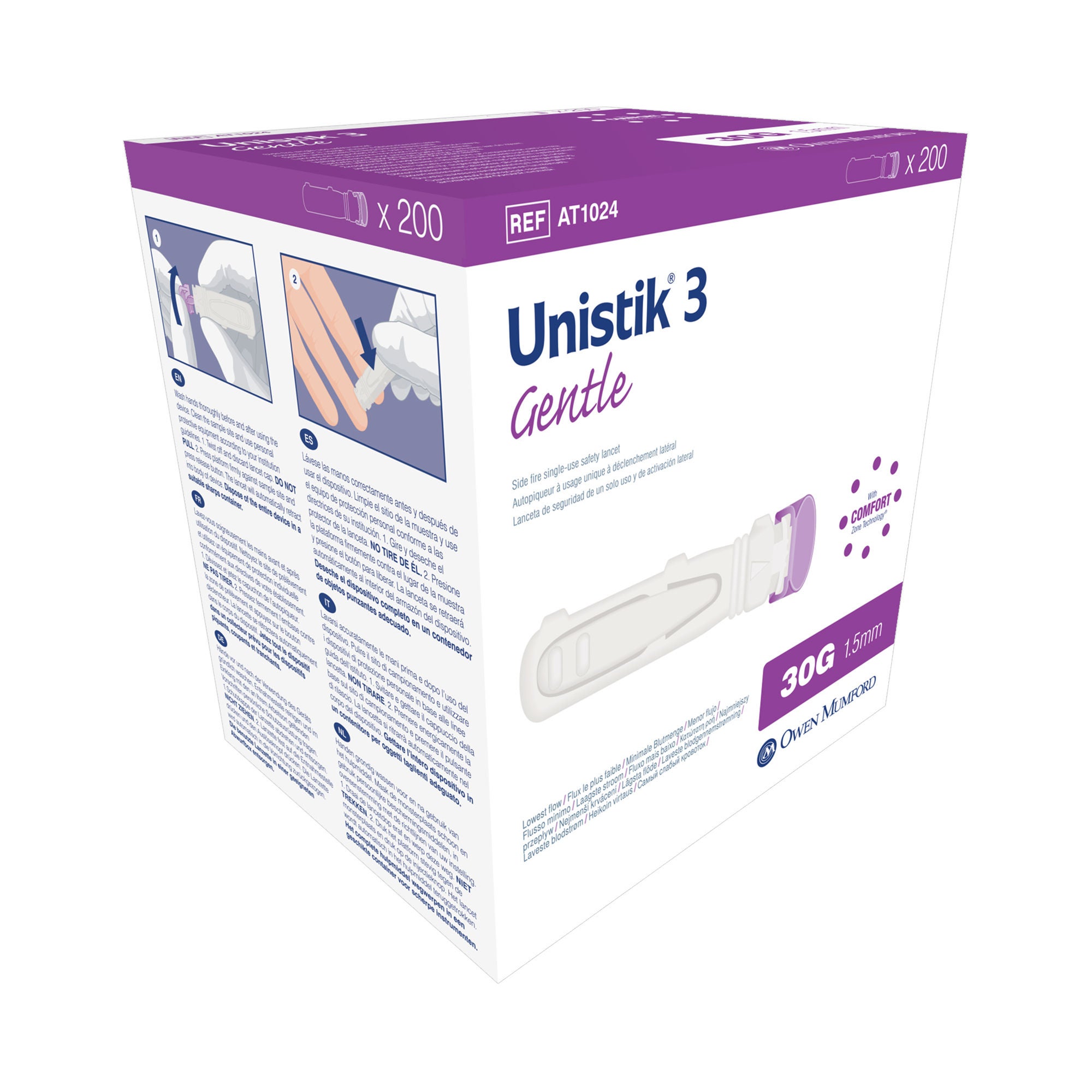Owen Mumford - AT 1024 Safety Lancet Unistik 3 30 Gauge Retractable Push Button Activation Finger