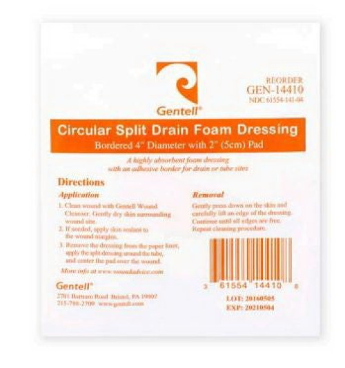 Gentell - GEN-14410 Foam Dressing Gentell® Circular Split Drain 4 Inch Diameter With Border Waterproof Backing Adhesive Fenestrated Square Sterile