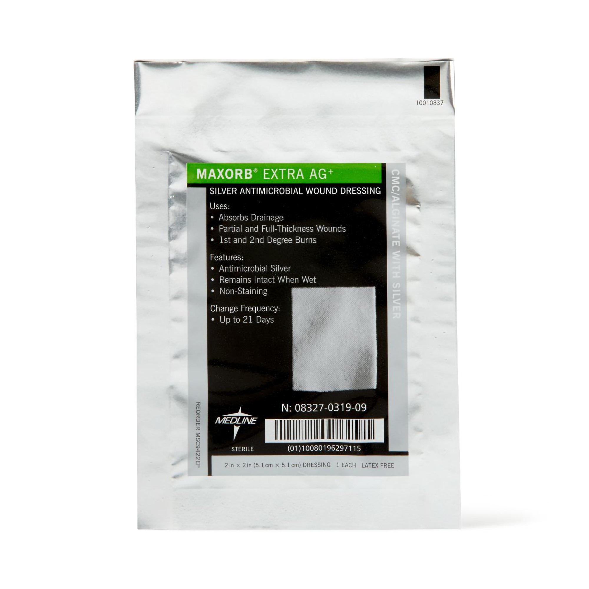 Medline MSC9422EP - Maxorb® Extra Ag+ Calcium Alginate Dressing with Silver, 2 x 2 Inch - 1/Each, 10/Box, 100/Case