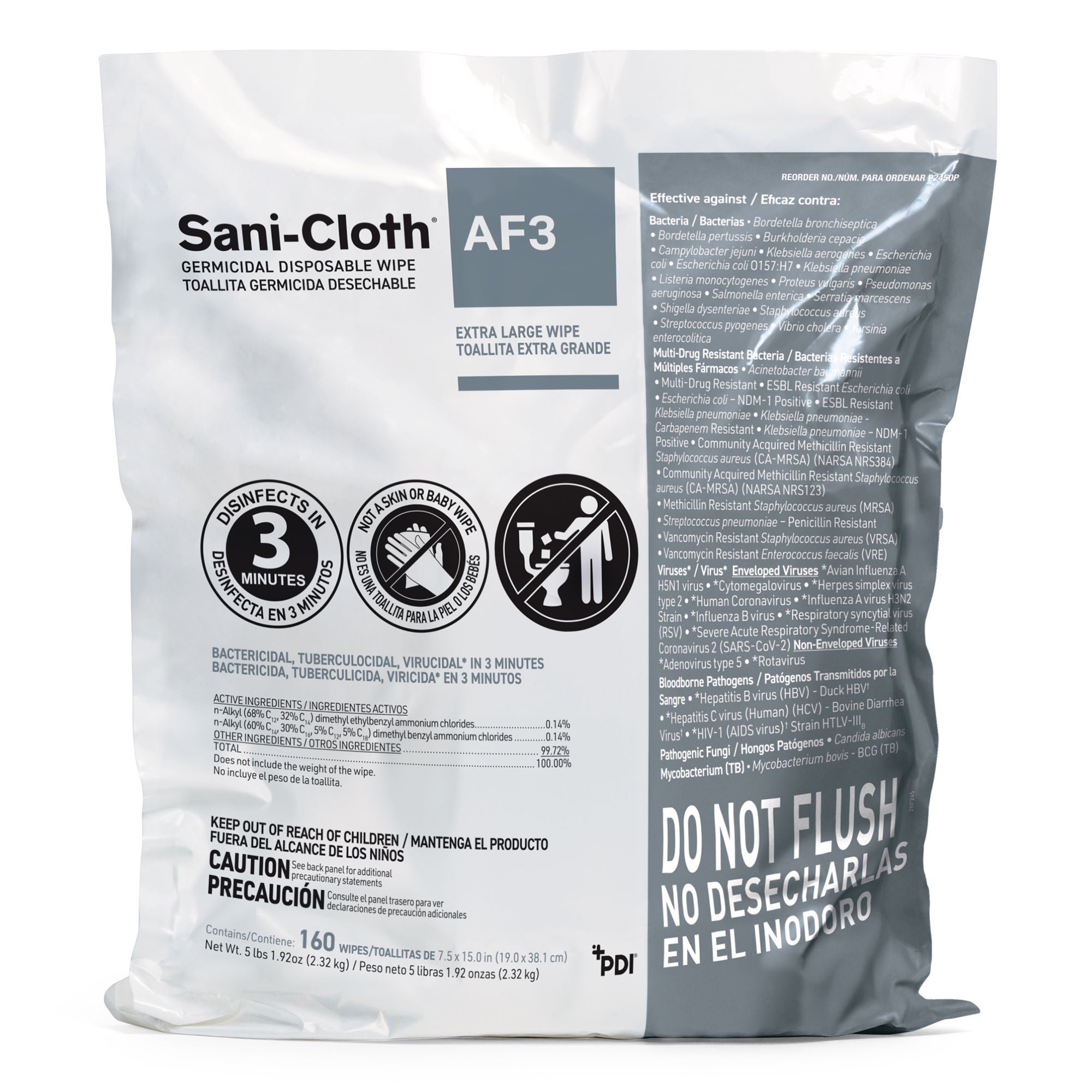 Professional Disposables - P2450P Surface Disinfectant Cleaner Refill Sani-Cloth® AF3 Premoistened Germicidal Manual Pull Wipe 160 Count Bag Mild Scent NonSterile