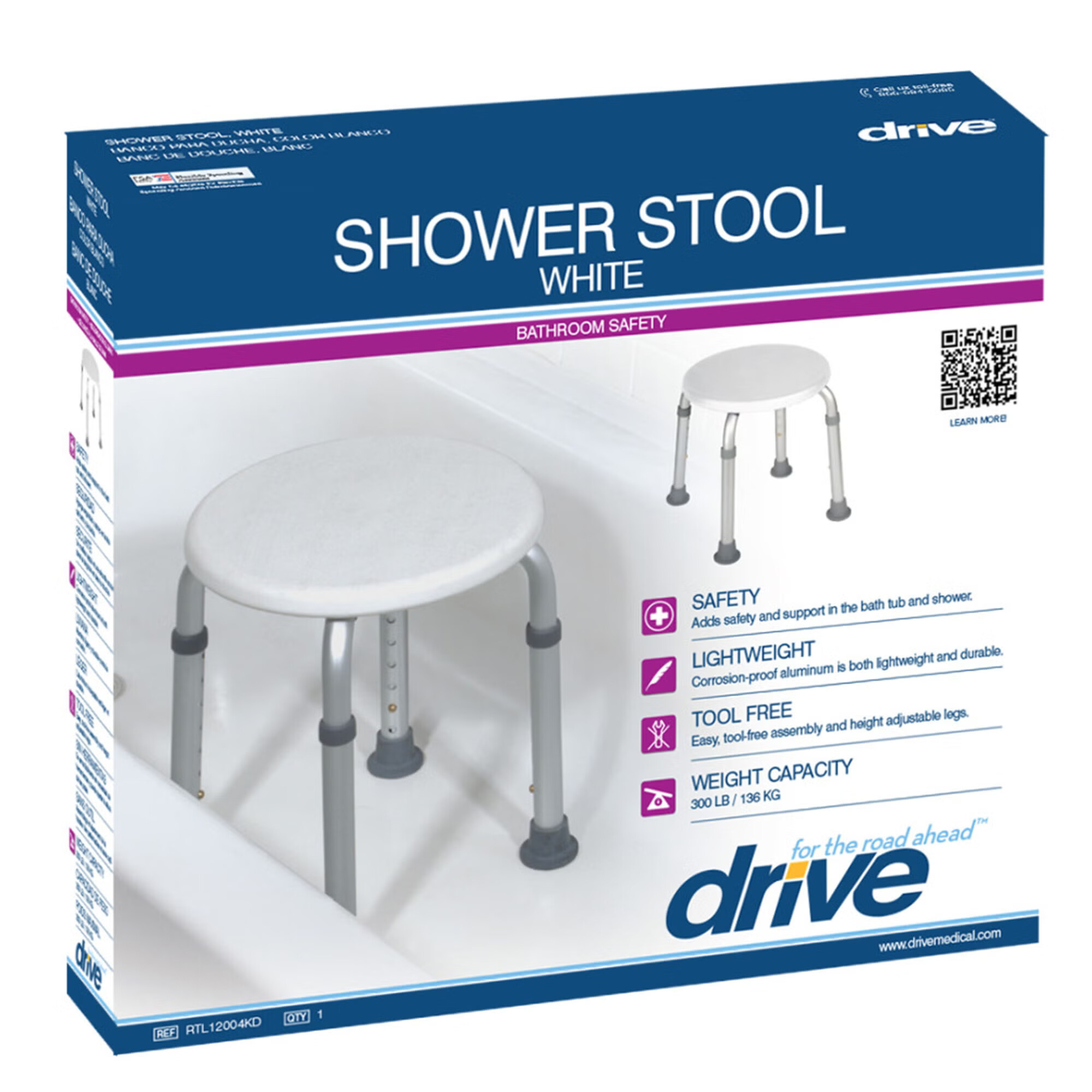 Drive DeVilbiss Healthcare - RTL12004KD Shower Stool drive™ Without Arms Aluminum Frame Without Backrest 13-1/2 Inch Seat Width 300 lbs. Weight Capacity