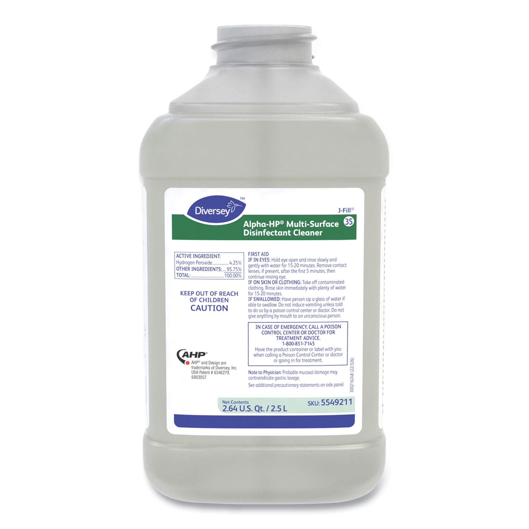 Essendant Co-United Stationers - DVS5549211 Surface Disinfectant Cleaner Diversey™ Alpha-HP® Peroxide Based J-Fill® Dispensing Systems Liquid Concentrate 2.5 Liter Bottle Citrus Scent NonSterile