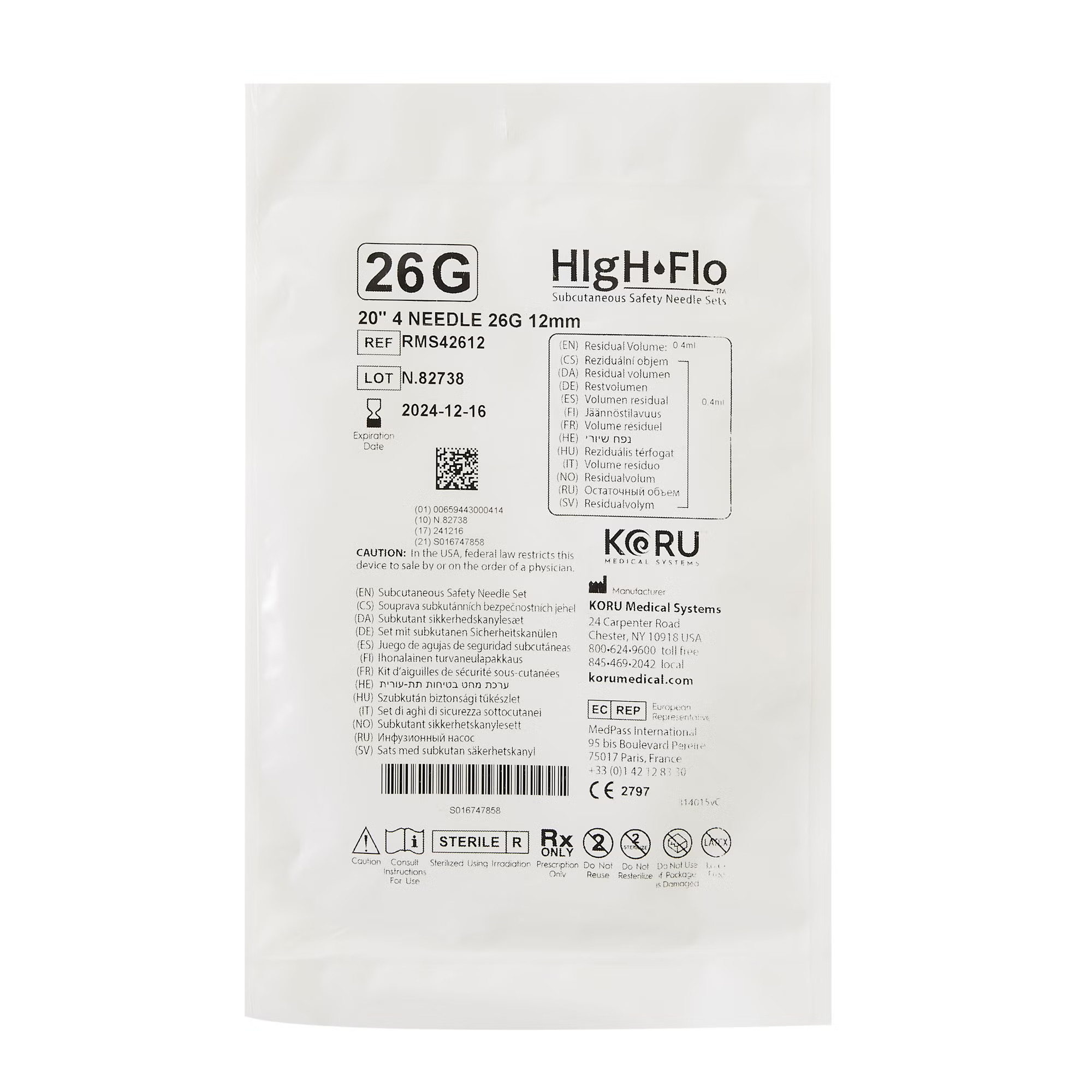 KORU Medical Systems - RMS42612 Sub-Q Infusion Set HIgH-Flo™4 4 X 26 Gauge 12 mm 20 Inch Tubing Without Port