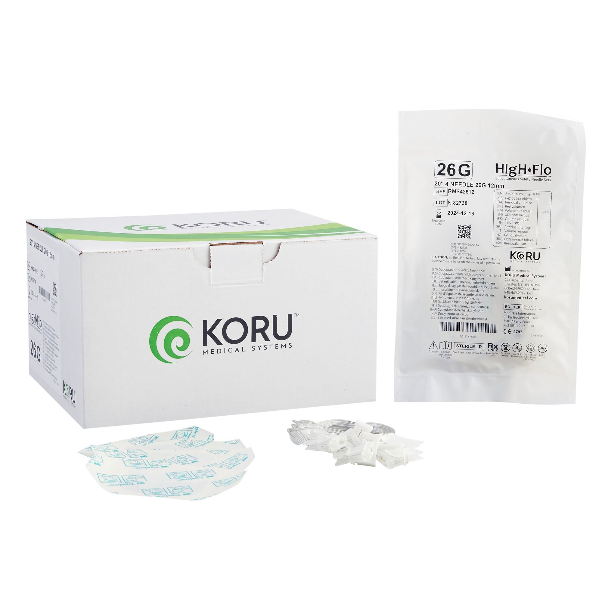 KORU Medical Systems - RMS42612 Sub-Q Infusion Set HIgH-Flo™4 4 X 26 Gauge 12 mm 20 Inch Tubing Without Port