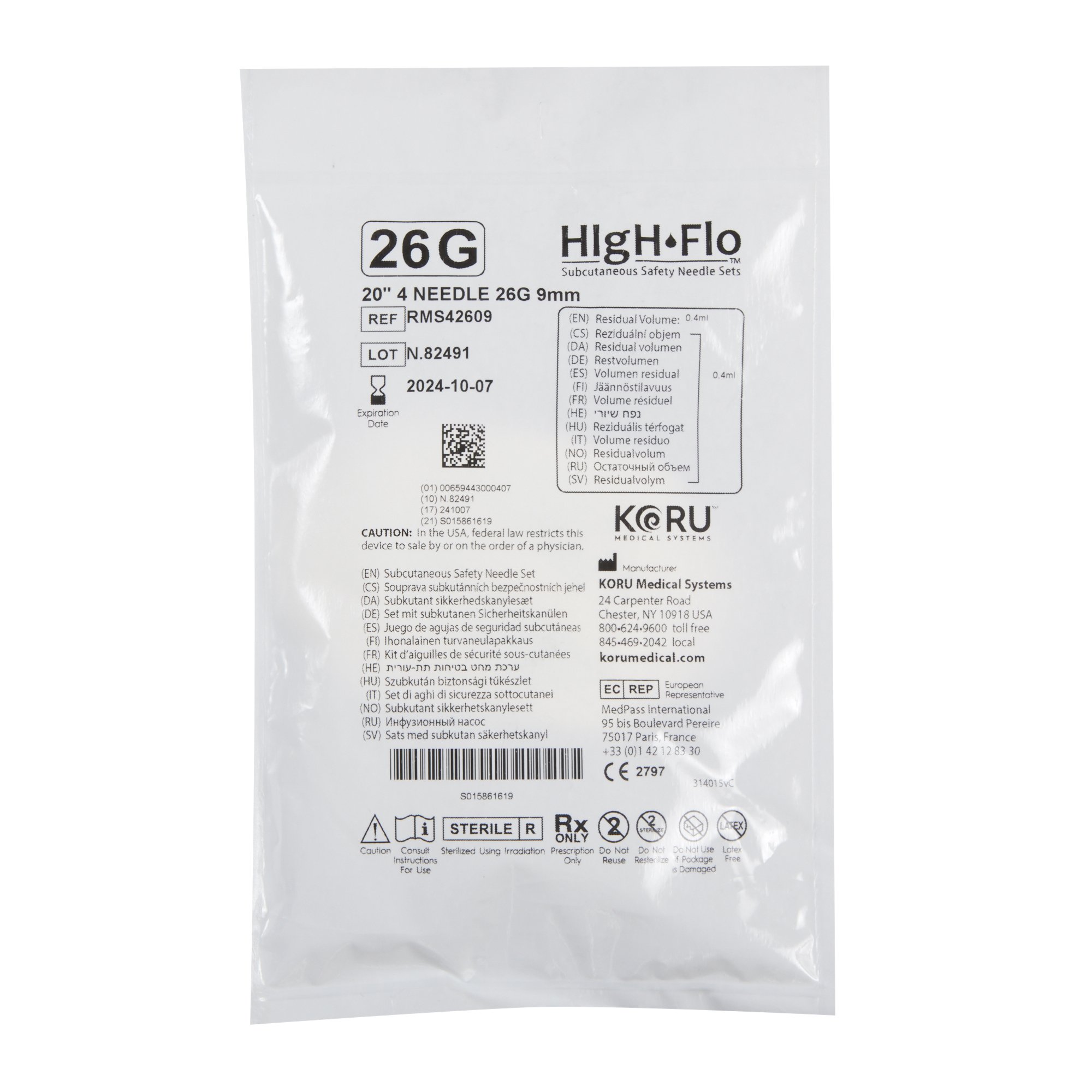 KORU Medical Systems RMS42609 - HIgH-Flo™4 Sub-Q Infusion Set - 10/Box