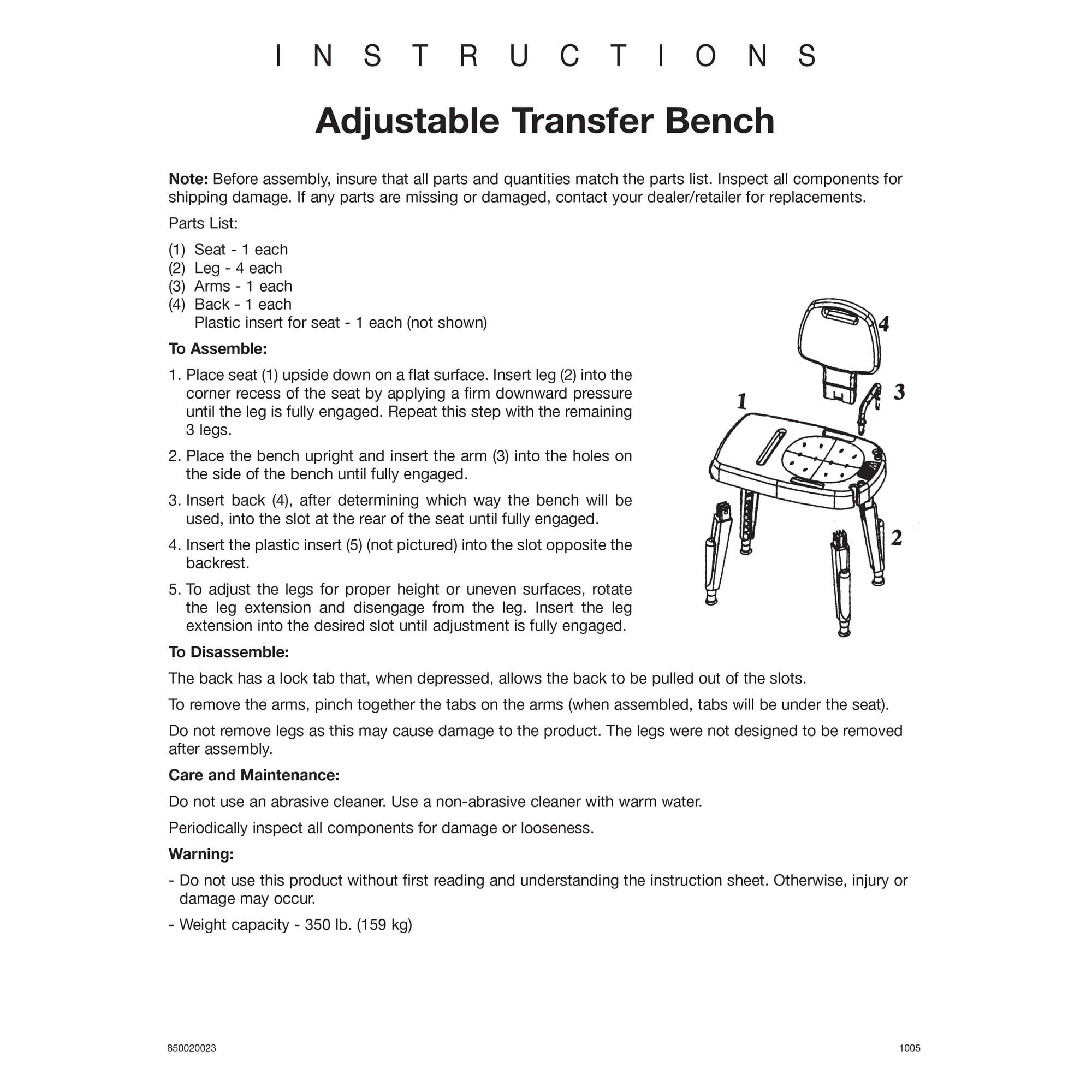 Maddak - 727142501 Maddak Bath Transfer Bench Removable Arm Rail 16 to 21 Inch Seat Height 350 lbs. Weight Capacity