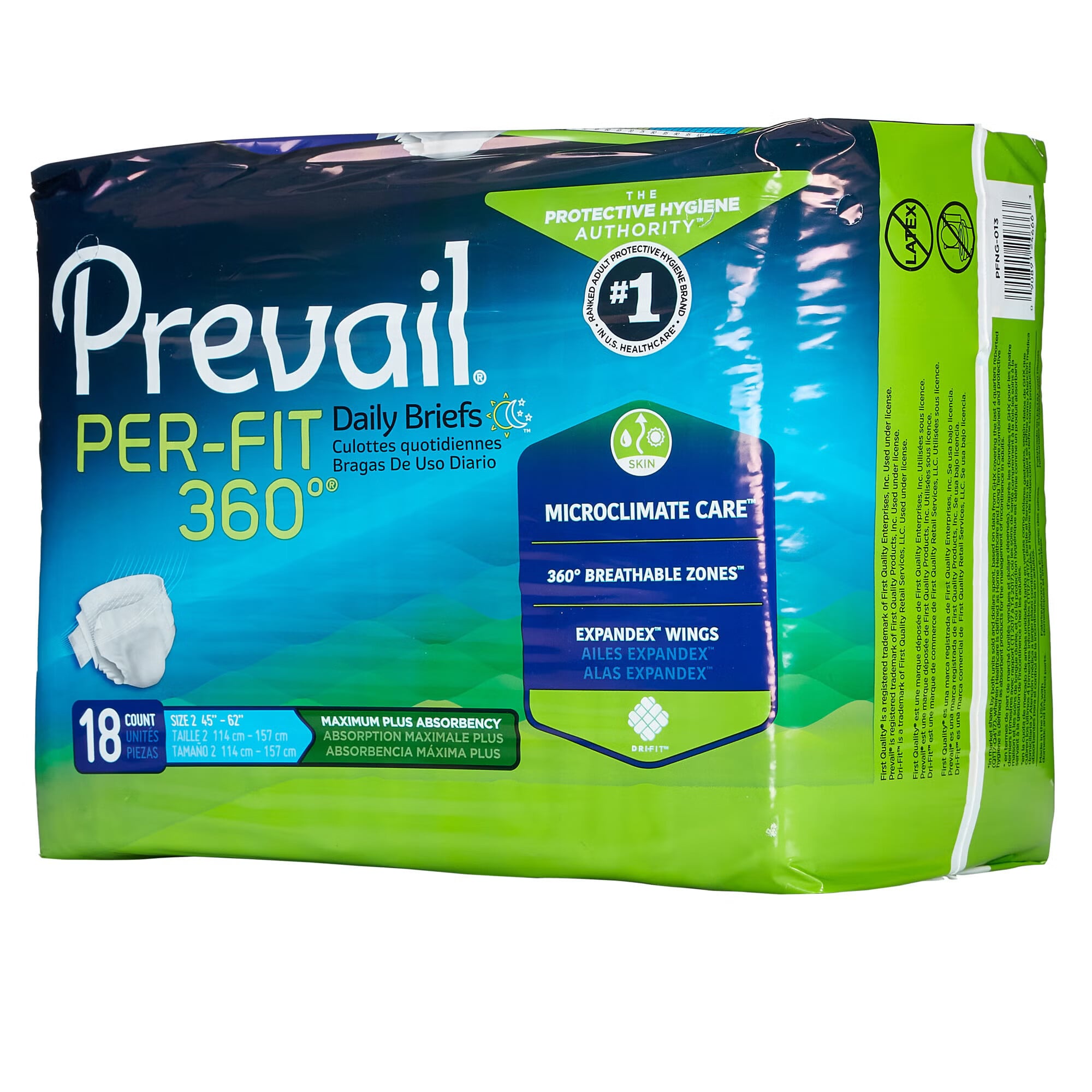 First Quality Products LLC - PFNG-013 Incontinence Brief Prevail® Per-Fit 360°™ Adult Size 2 / Large Unisex Disposable Heavy Absorbency