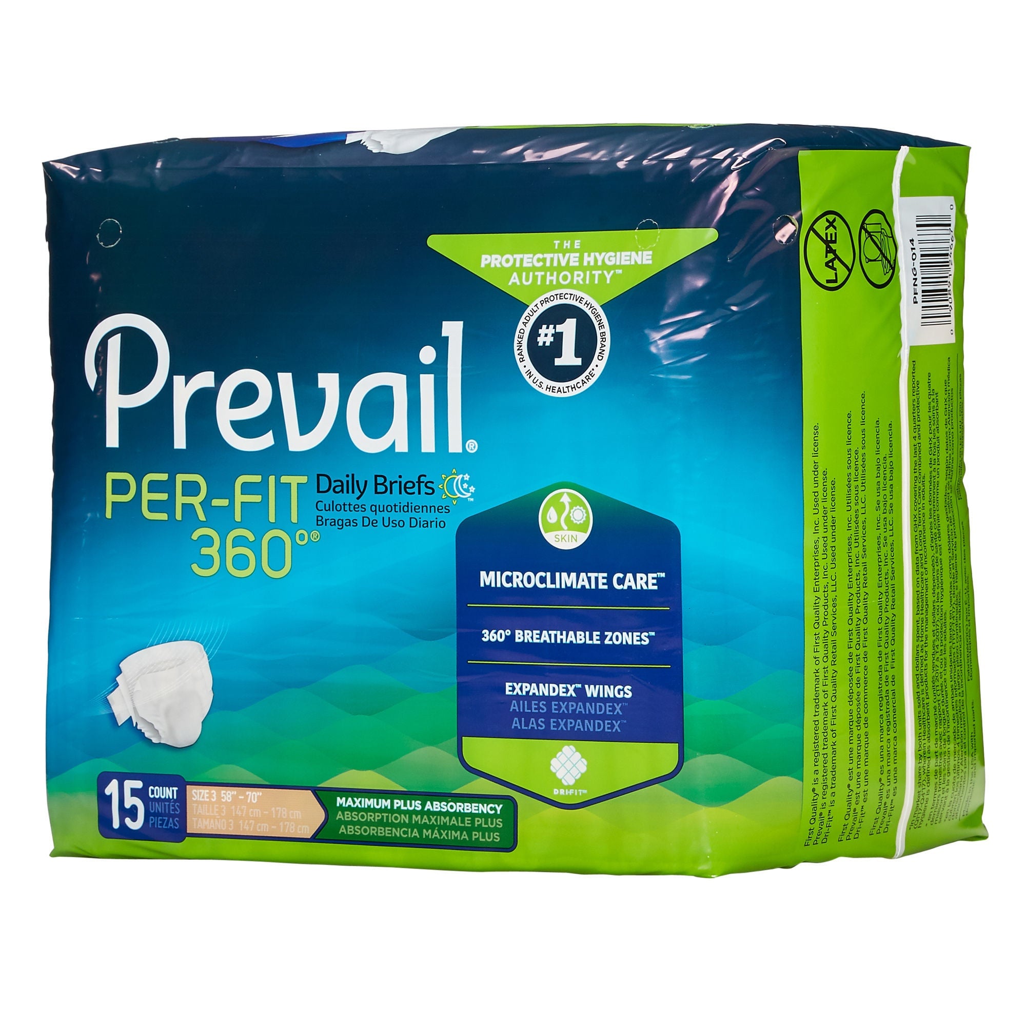 First Quality Products LLC - PFNG-014 Incontinence Brief Prevail® Per-Fit 360°™ Adult Size 3 Unisex Disposable Heavy Absorbency