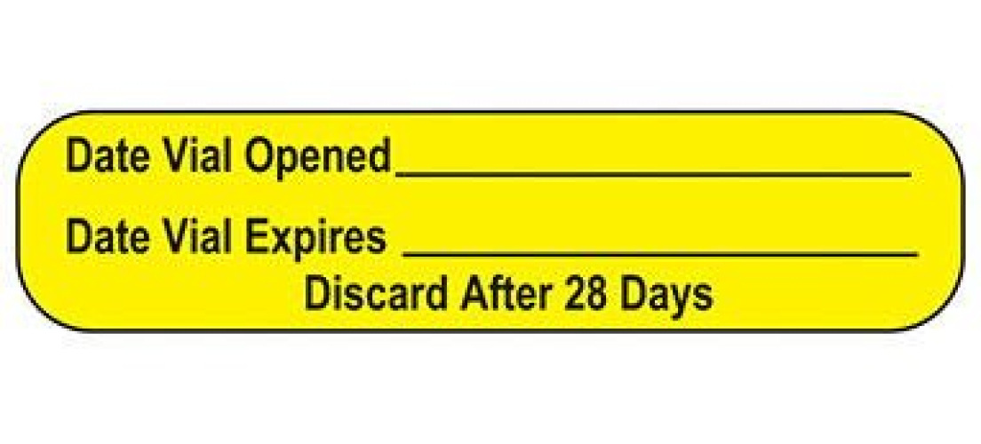 Health Care Logistics - 18619 Pre-Printed / Write On Label Indeed Auxiliary Label Yellow Paper Date Vial Opened_____Date Vial Expires____ Discard After 28 Days Black Quality Control Label 3/8 X 1-5/8 Inch