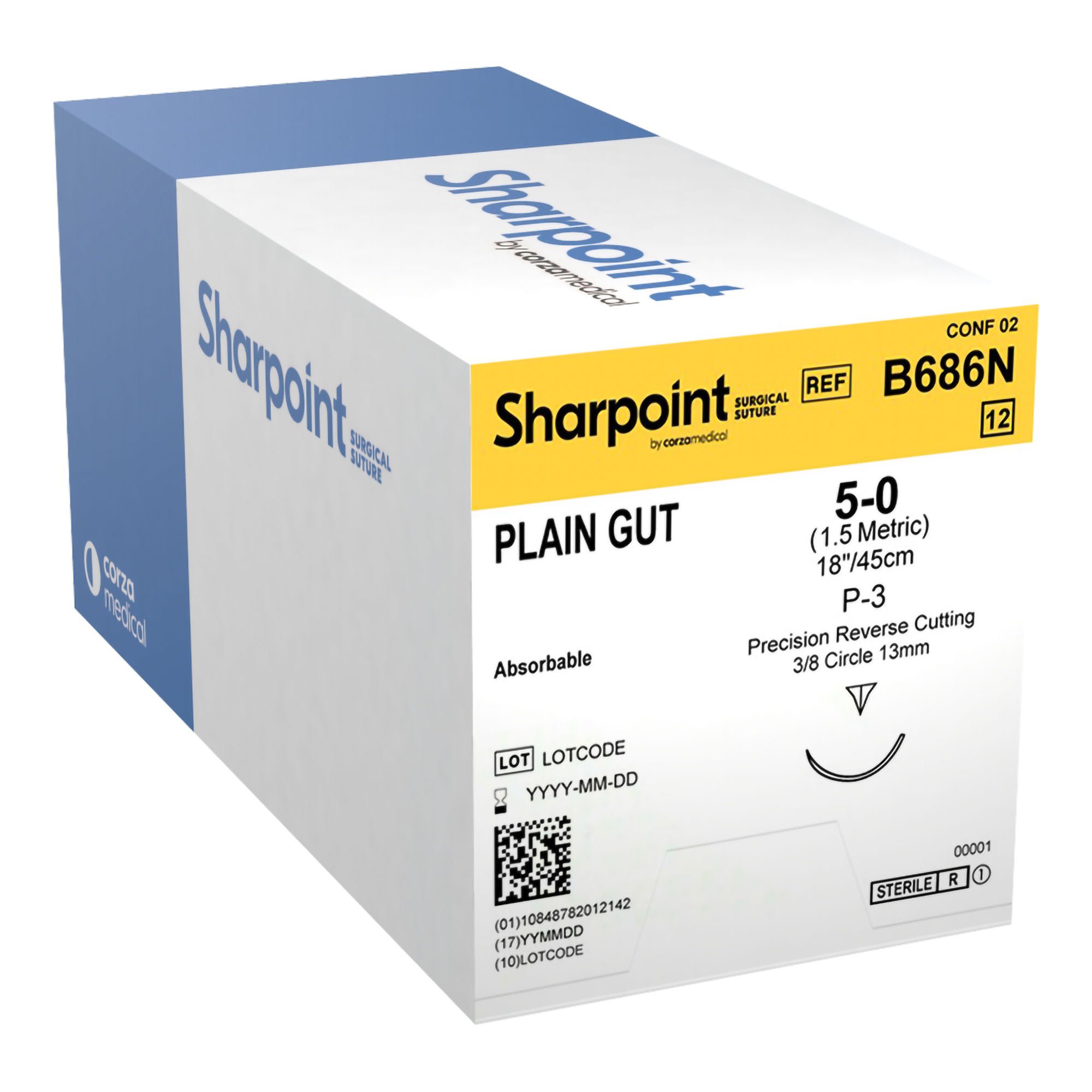 Surgical Specialties - B686N Absorbable Suture with Needle Surgical Specialties™ Plain Gut DS-12 3/8 Circle Precision Reverse Cutting Needle Size 5-0 Monofilament