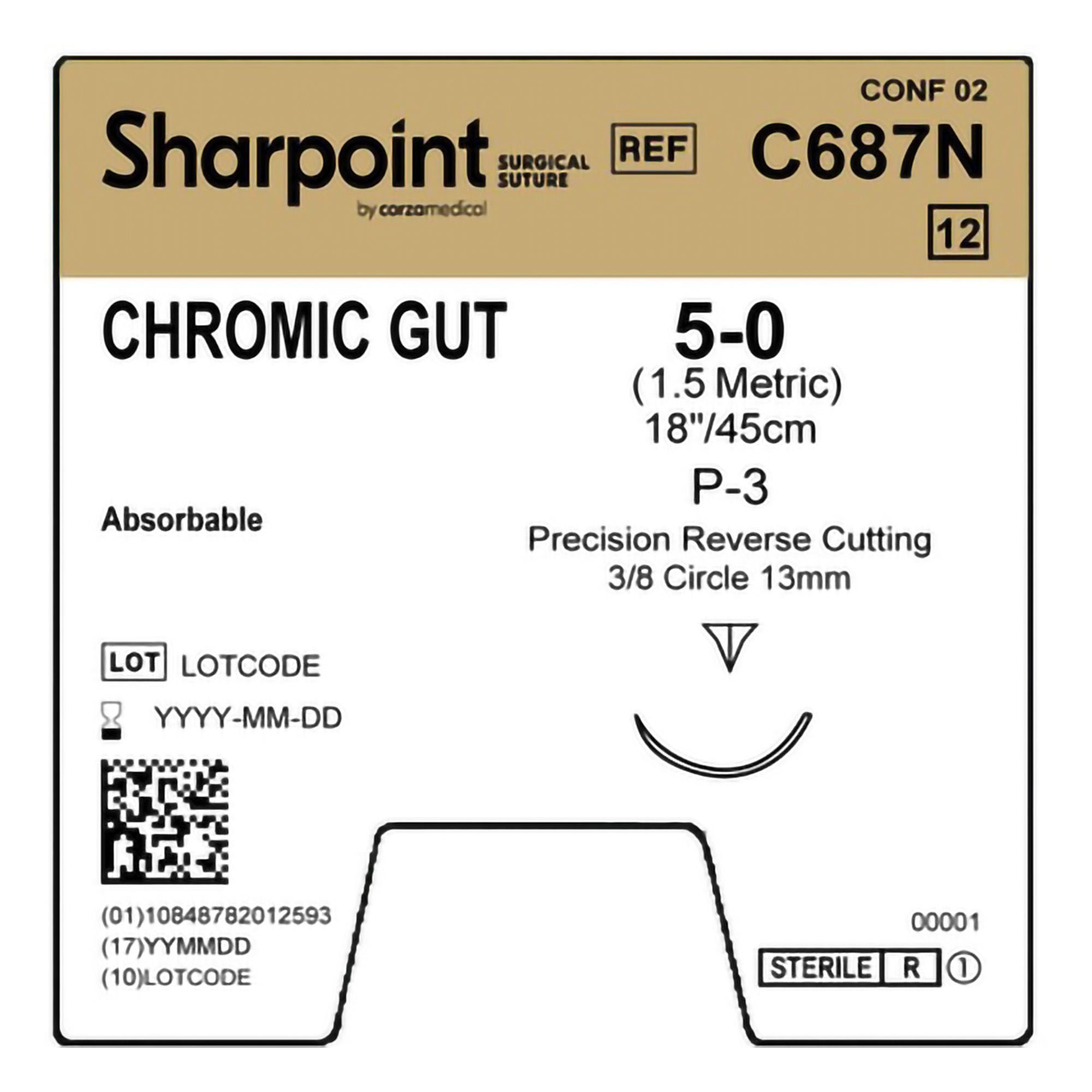 Surgical Specialties - C687N Absorbable Suture with Needle Surgical Specialties™ Chromic Gut P-3 3/8 Circle Precision Reverse Cutting Needle Size 5-0 Monofilament