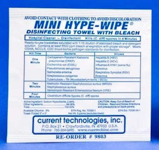 Current Technologies - 9803 Surface Disinfectant Mini HYPE-WIPE® Premoistened Manual Pull Wipe 100 Count Individual Packet Bleach Scent NonSterile