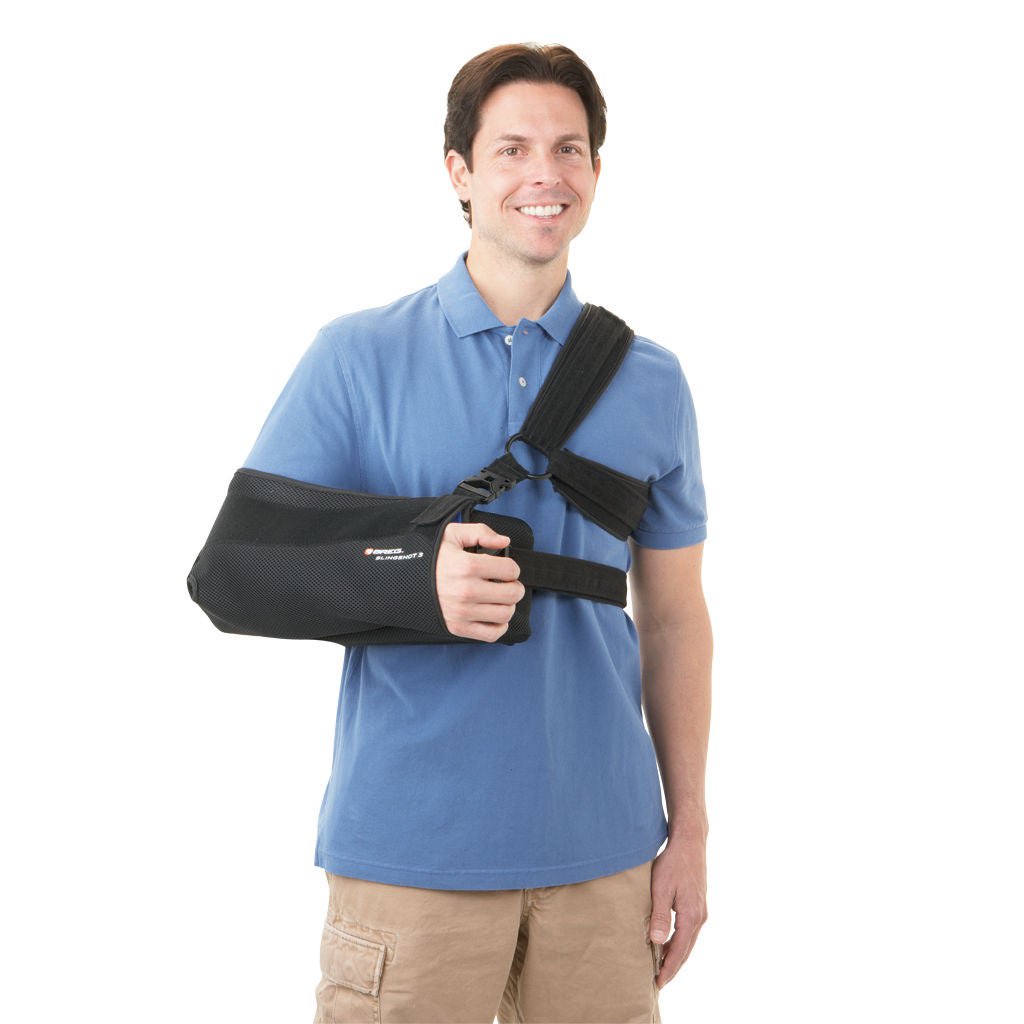 Breg - 00042 Shoulder Sling with Abduction Pillow SlingShot® 3 Shoulder Brace Small Airmesh™ / Fabric Quick Release Buckle / Hook and Loop Strap Closure With Exercise Ball Left or Right Shoulder