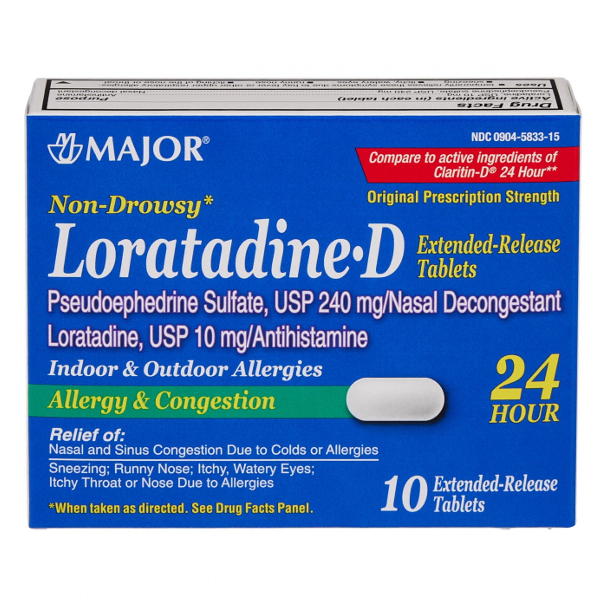 Major Pharmaceuticals - 00904583315 Allergy Relief 10 mg - 240 mg Strength Tablet 10 per Box