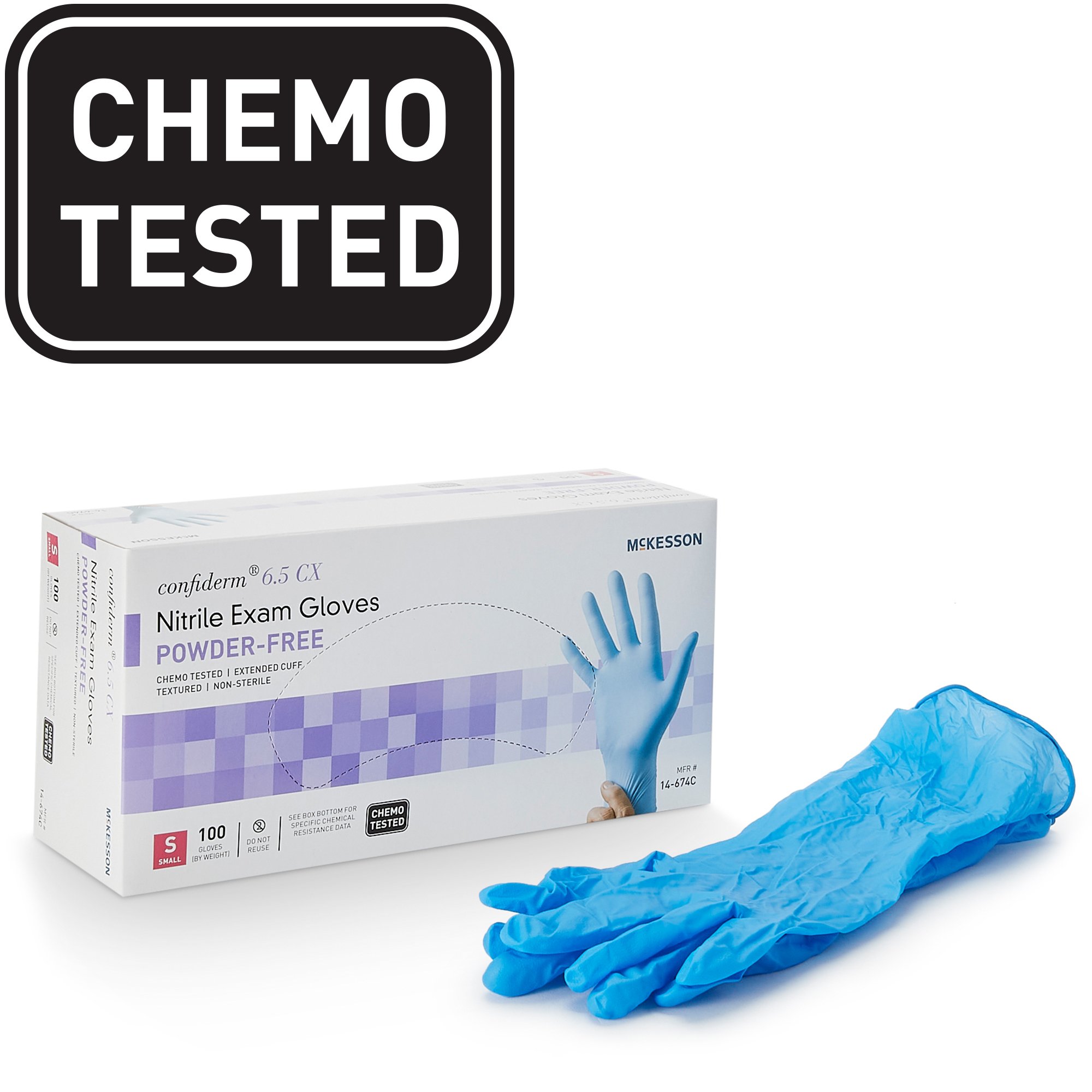 McKesson Brand 14-674C - McKesson Confiderm® 6.5CX Nitrile Extended Cuff Length Exam Glove, Small, Blue - 100/Box, 1000/Case