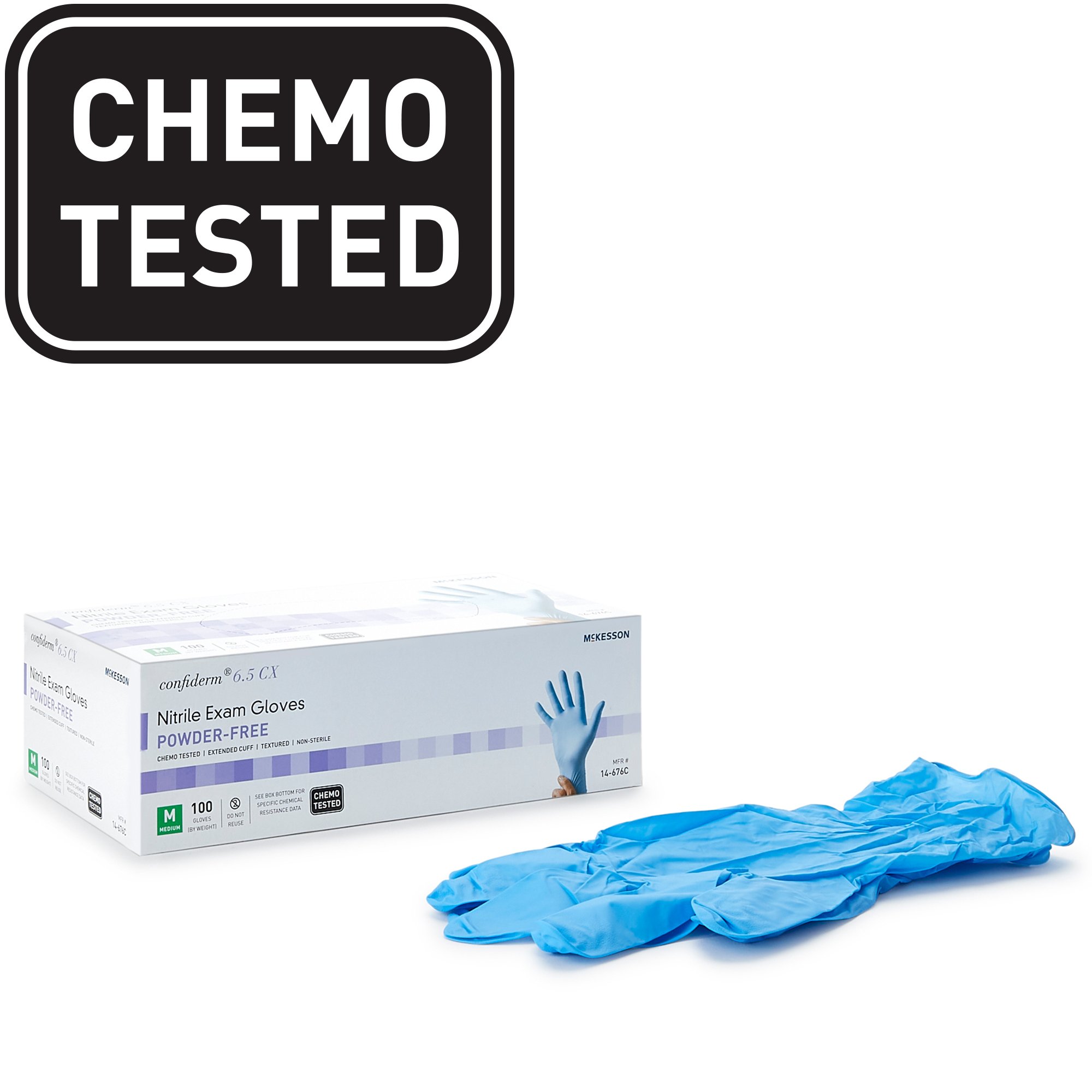 McKesson Brand 14-676C - McKesson Confiderm® 6.5CX Nitrile Extended Cuff Length Exam Glove, Medium, Blue - 100/Box, 1000/Case