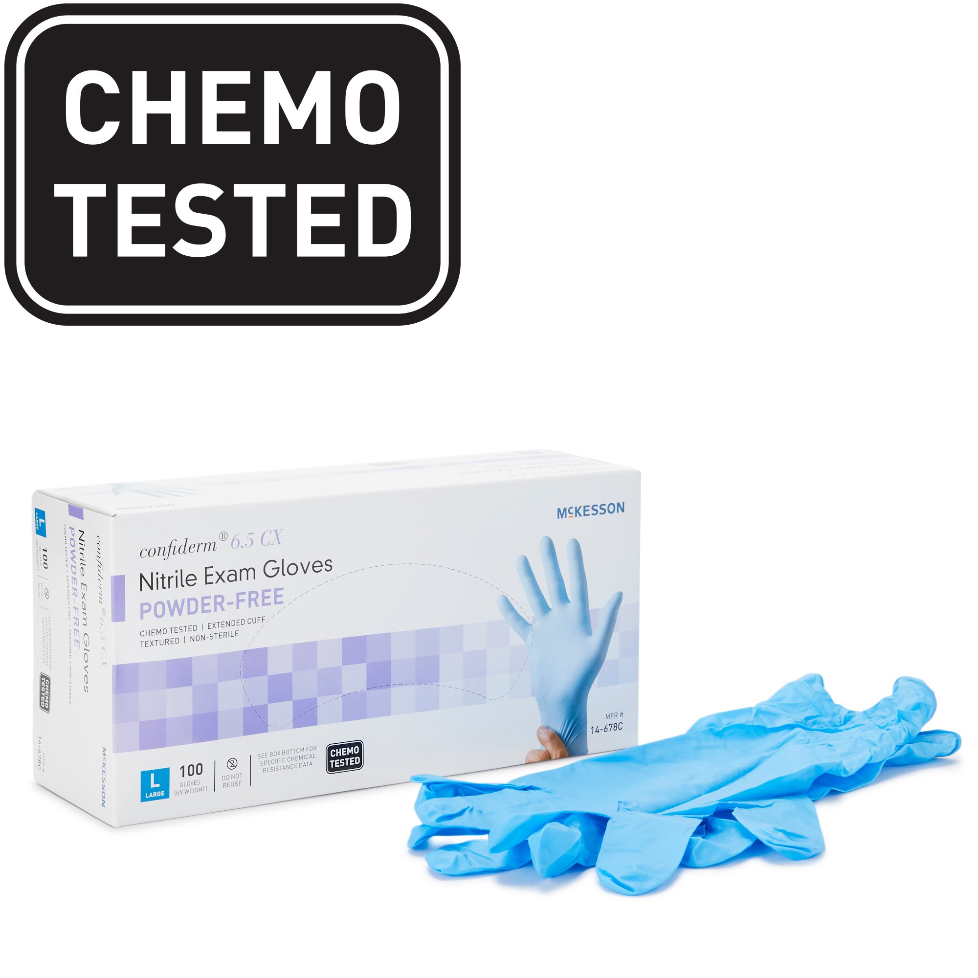 McKesson Brand 14-678C - McKesson Confiderm® 6.5CX Nitrile Extended Cuff Length Exam Glove, Large, Blue - 100/Box, 1000/Case