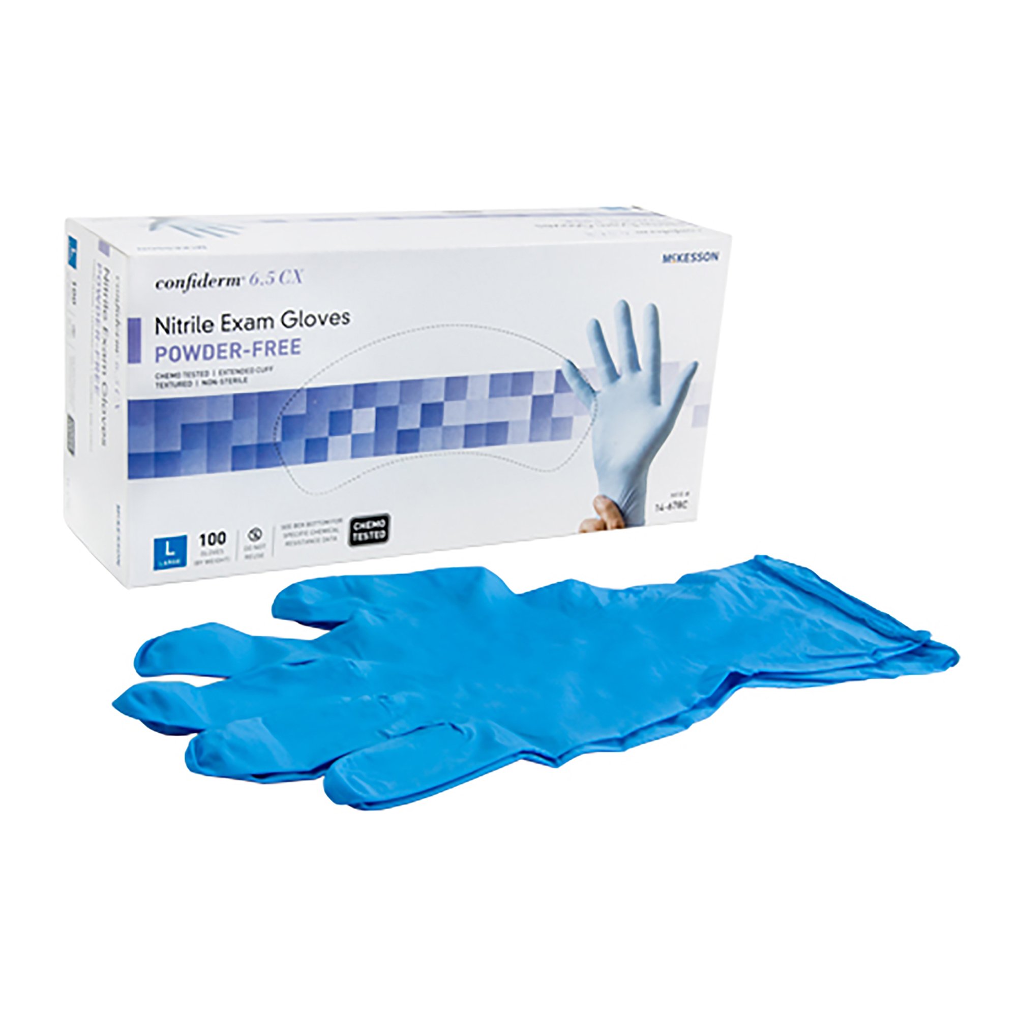 McKesson Brand 14-678C - McKesson Confiderm® 6.5CX Nitrile Extended Cuff Length Exam Glove, Large, Blue - 100/Box, 1000/Case
