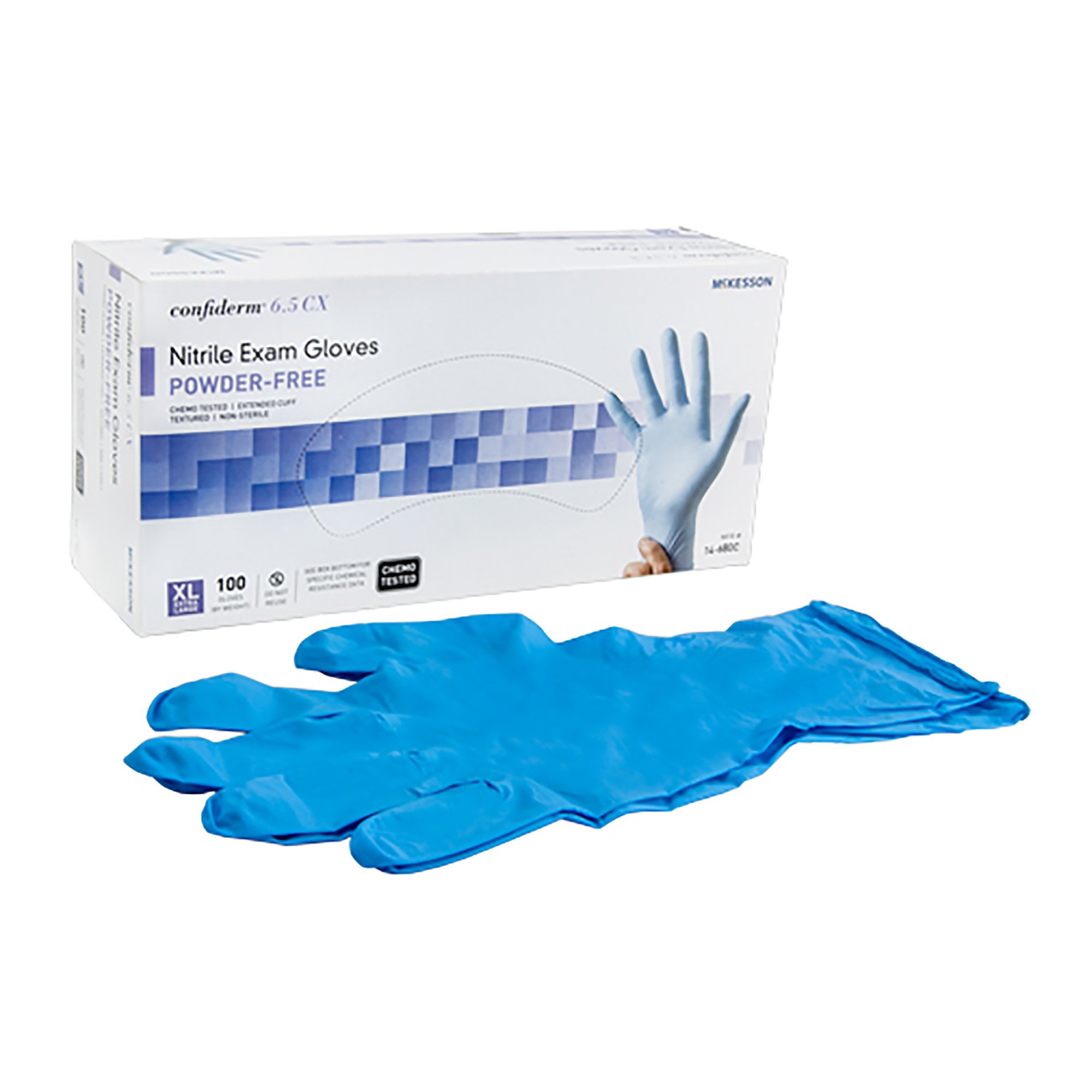McKesson Brand 14-680C - McKesson Confiderm® 6.5CX Nitrile Extended Cuff Length Exam Glove, X-Large, Blue - 100/Box, 1000/Case