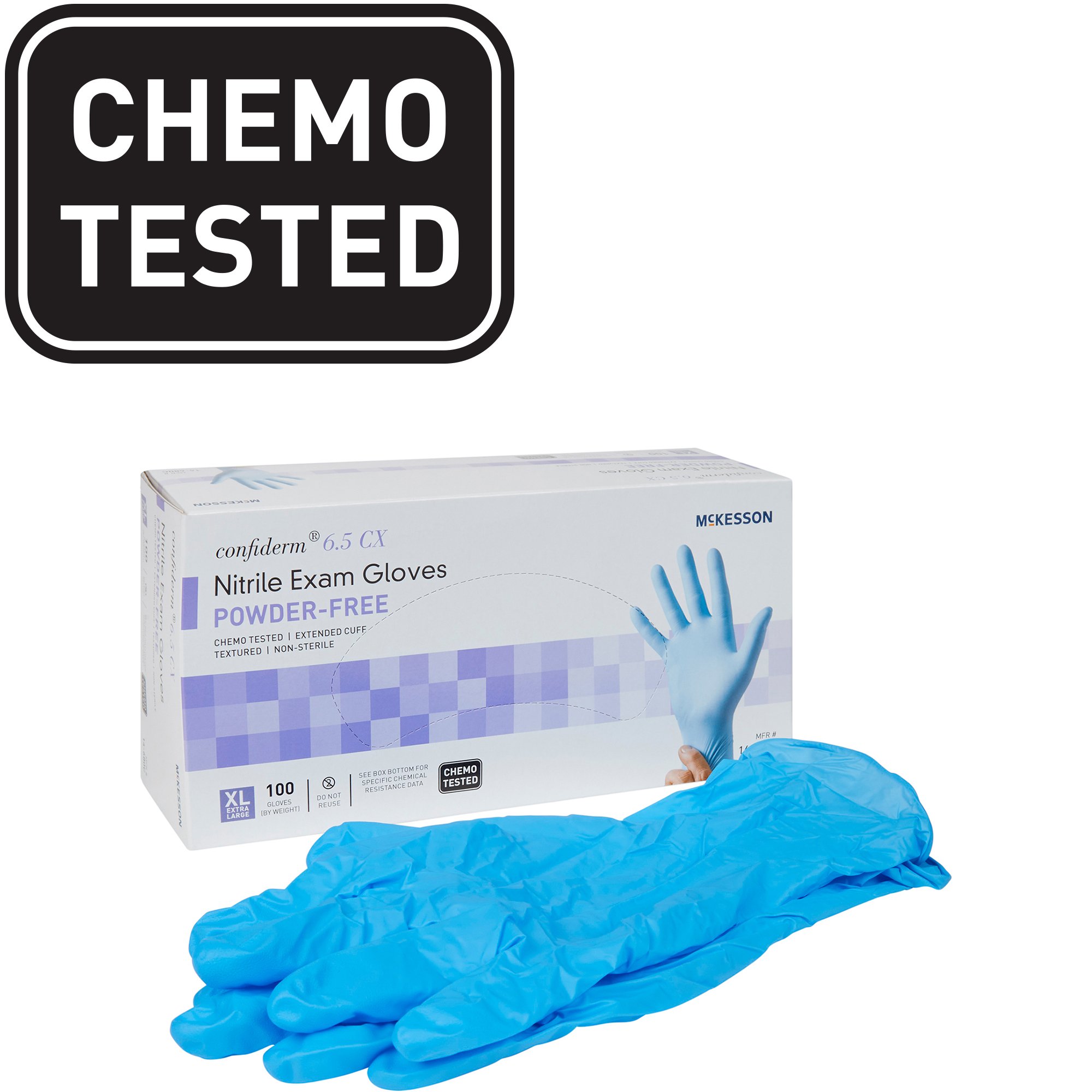 McKesson Brand 14-680C - McKesson Confiderm® 6.5CX Nitrile Extended Cuff Length Exam Glove, X-Large, Blue - 100/Box, 1000/Case