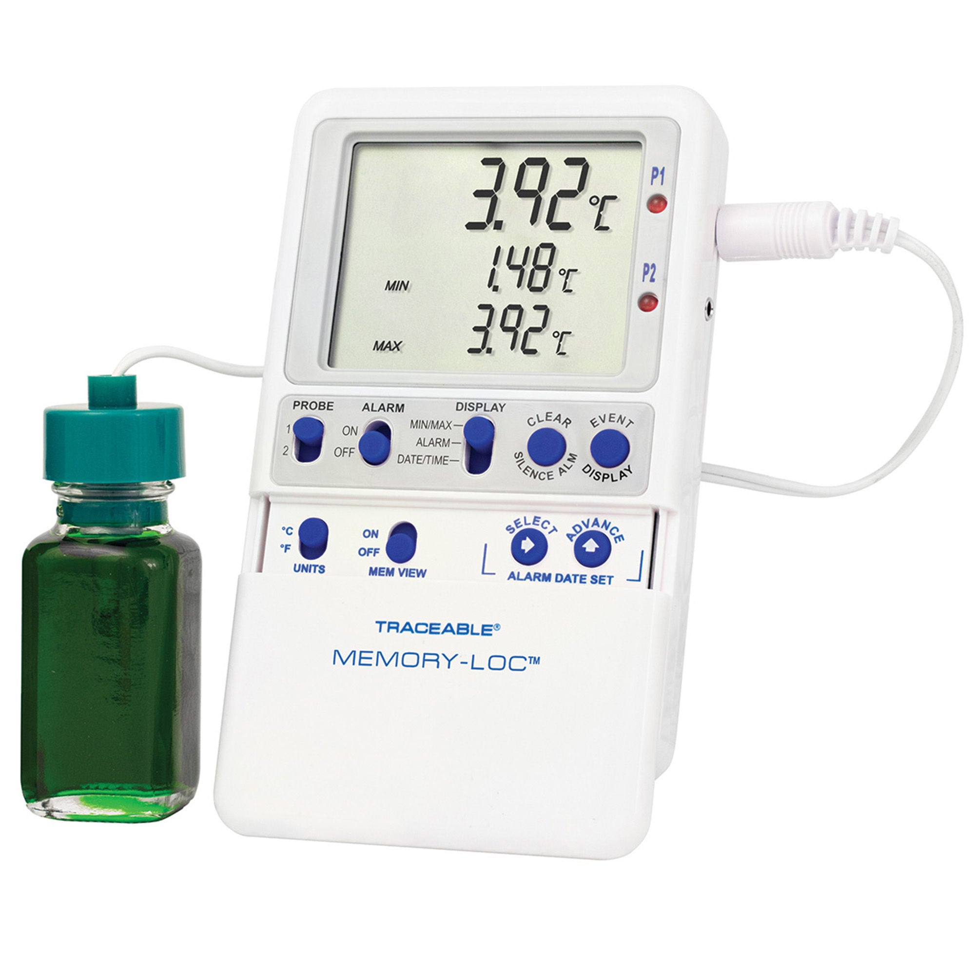Cole-Parmer-Antylia Scientific - 94460-37 Datalogging Refrigerator / Freezer Thermometer with Alarm Traceable® Memory-Loc™ Fahrenheit / Celsius -58° to +158°F (-50° to +70°C) Glycol Bottle Probe Multiple Mounting Options Battery Operated