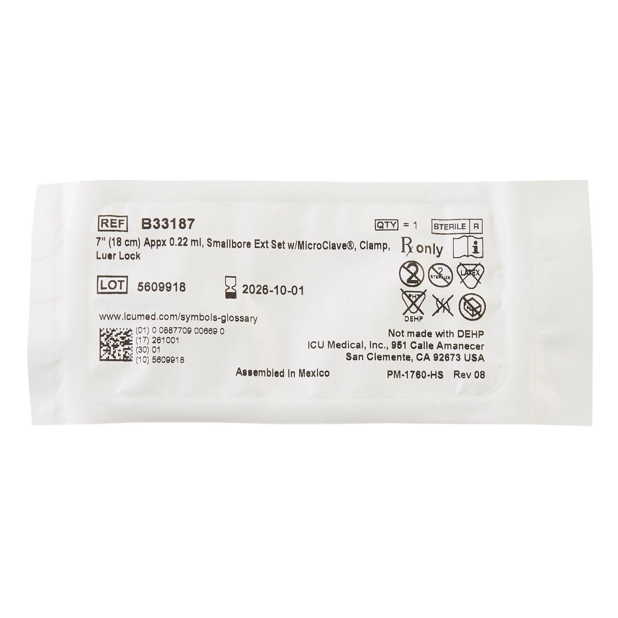 ICU Medical - B33187 IV Extension Set ICU Small Bore 7 Inch Tubing