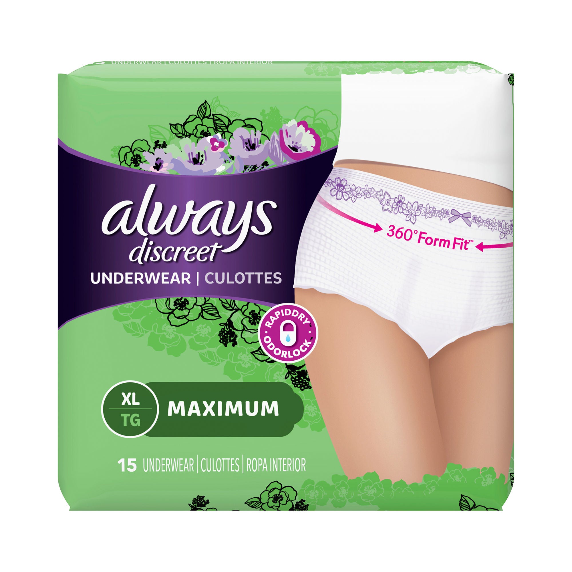 Procter & Gamble - 10037000887611 Absorbent Underwear Always® Discreet Pull On with Tear Away Seams Adult X-Large Female Disposable Heavy Absorbency
