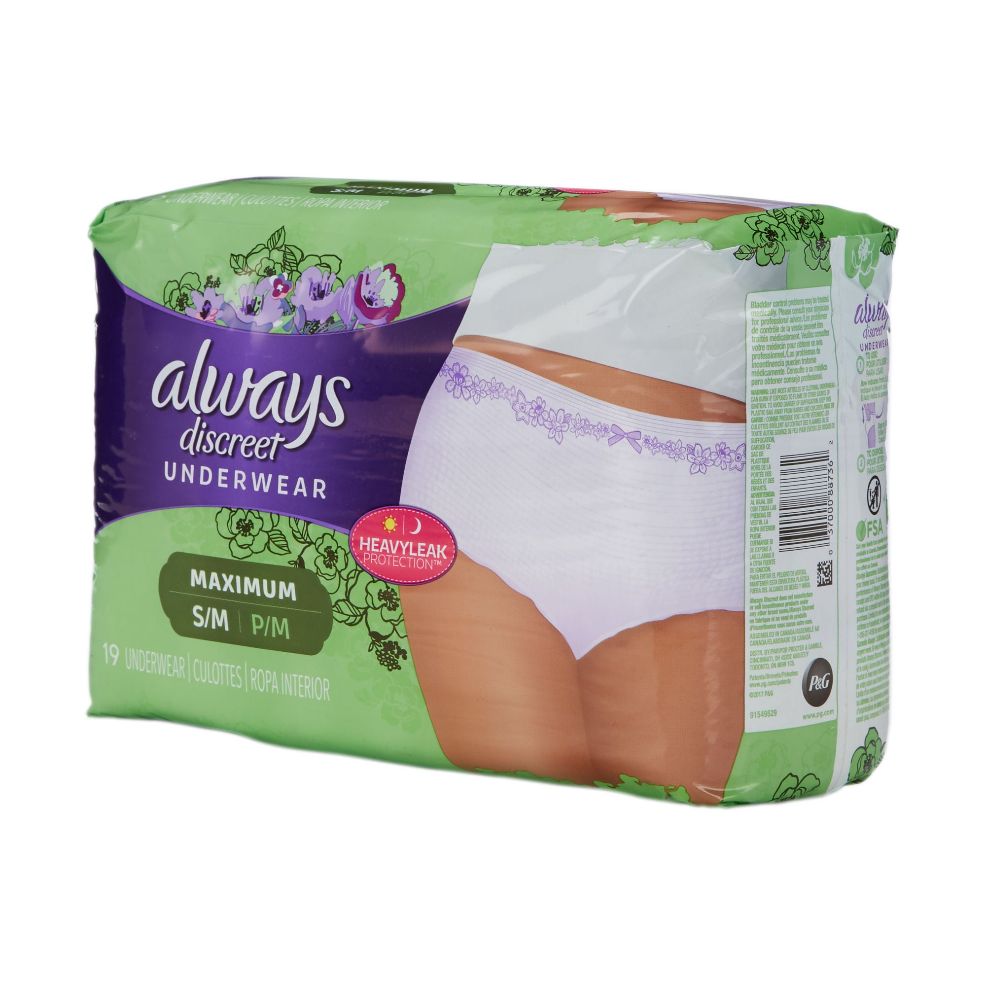 Procter & Gamble - 10037000887369 Absorbent Underwear Always® Discreet Pull On with Tear Away Seams Adult Small / Medium Female Disposable Heavy Absorbency
