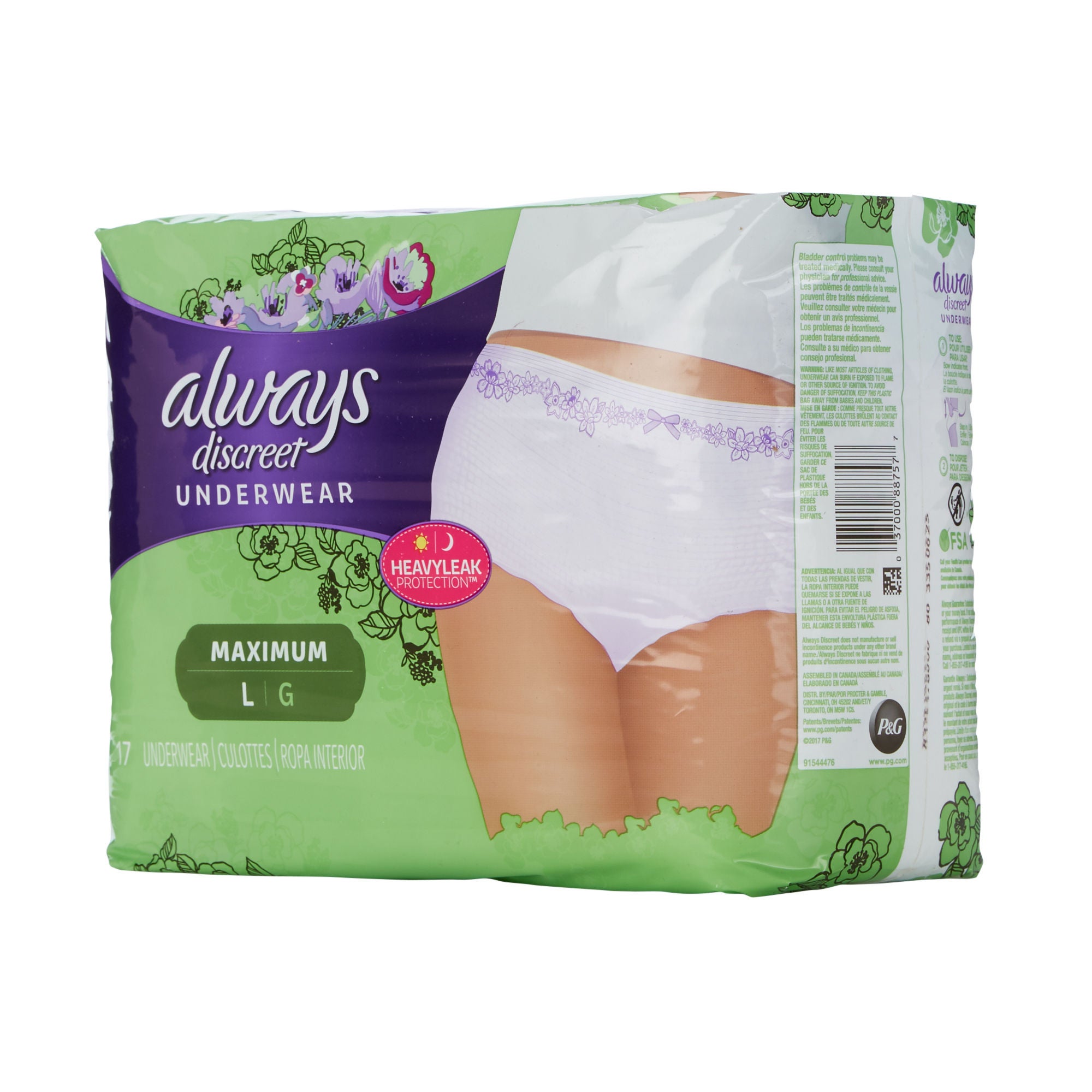 Procter & Gamble - 10037000887574 Absorbent Underwear Always® Discreet Pull On with Tear Away Seams Adult Large Female Disposable Heavy Absorbency