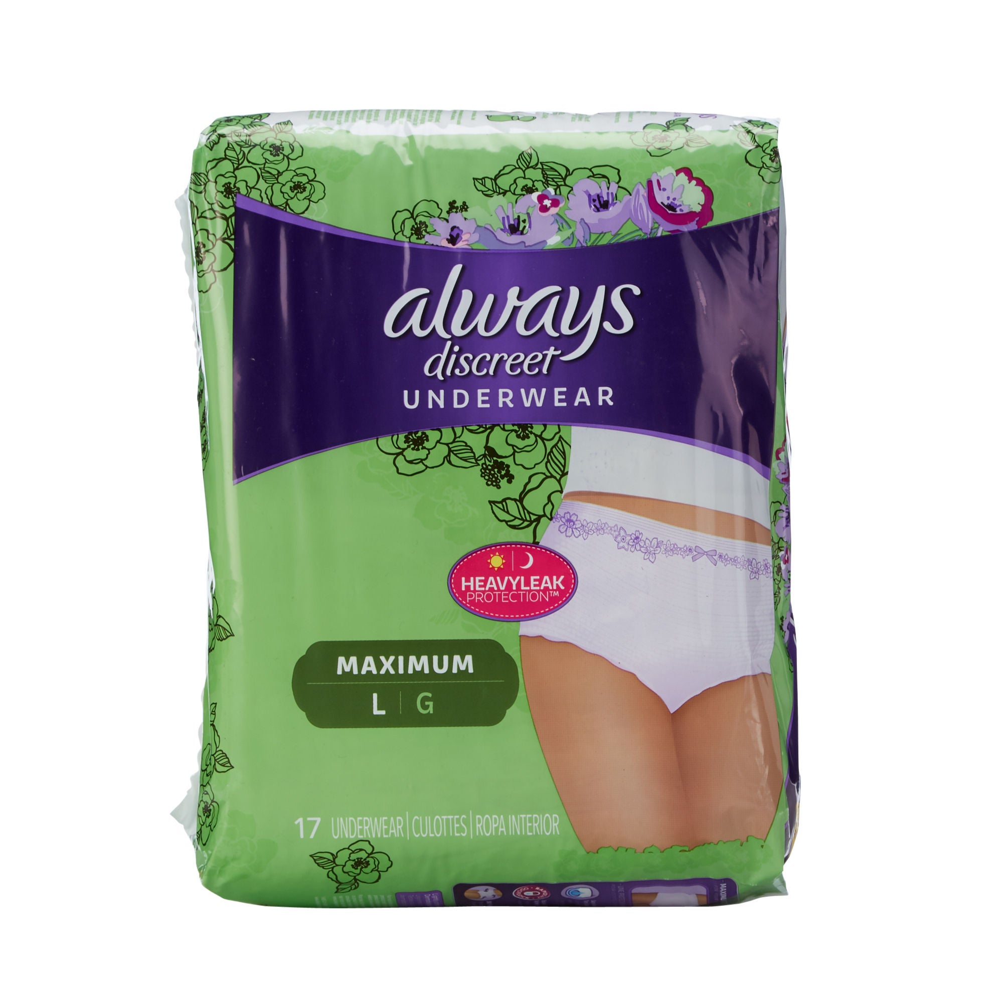 Procter & Gamble - 10037000887574 Absorbent Underwear Always® Discreet Pull On with Tear Away Seams Adult Large Female Disposable Heavy Absorbency