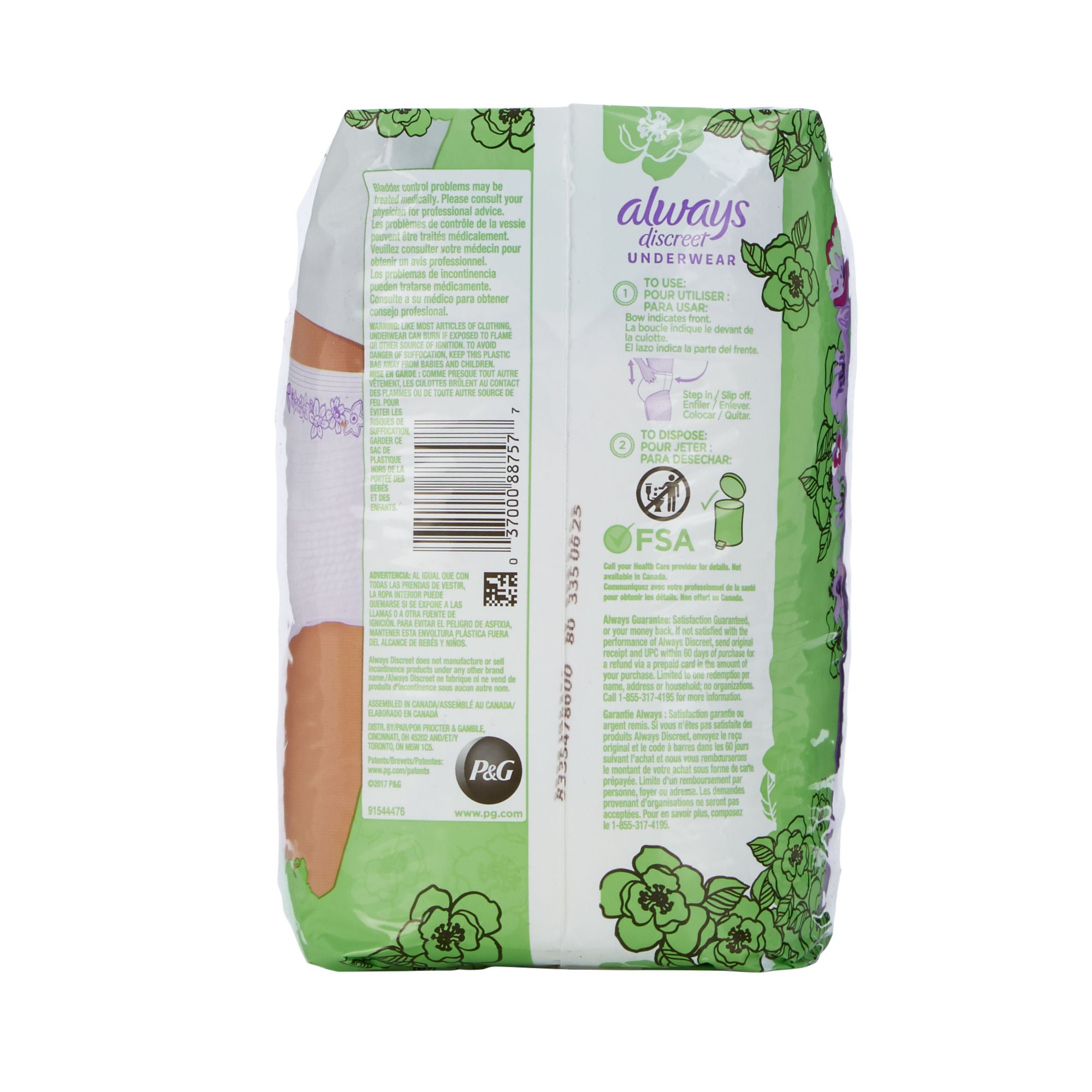 Procter & Gamble - 10037000887574 Absorbent Underwear Always® Discreet Pull On with Tear Away Seams Adult Large Female Disposable Heavy Absorbency