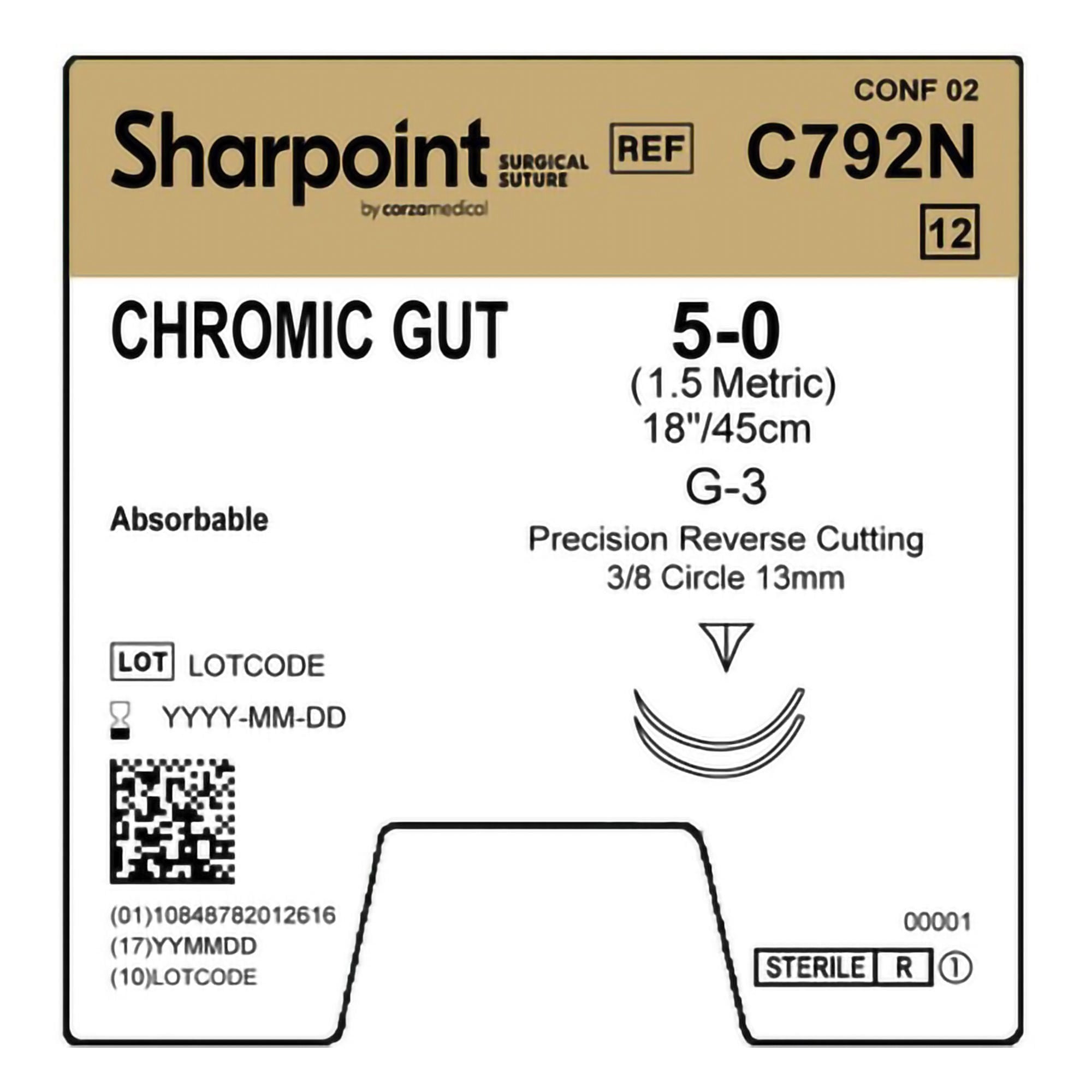 Surgical Specialties - C792N Absorbable Suture with Needle Surgical Specialties™ Chromic Gut DSM13 3/8 Circle Precision Reverse Cutting Needle Size 5-0 Monofilament
