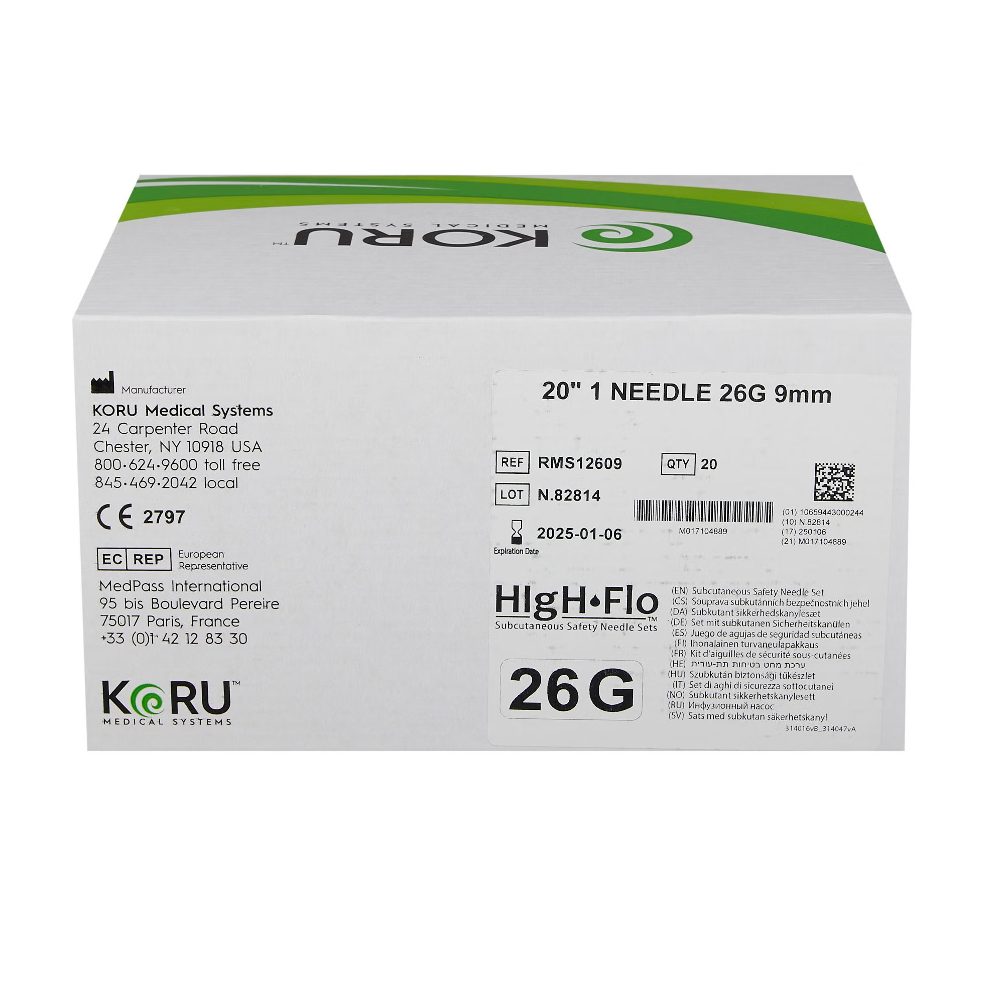 KORU Medical Systems - RMS12609 Sub-Q Infusion Set HIgH-Flo 26 Gauge 9 mm 20 Inch Tubing Without Port