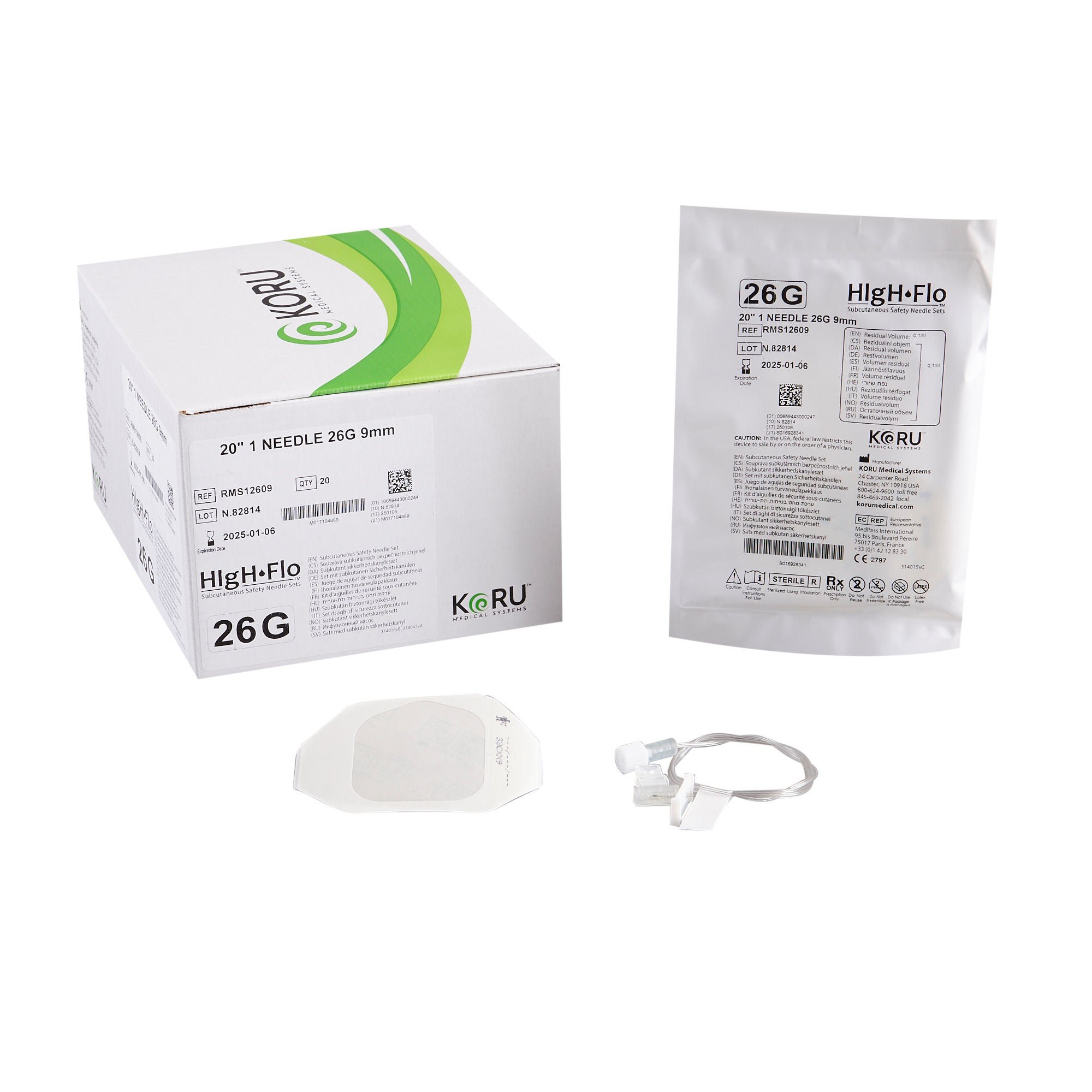 KORU Medical Systems - RMS12609 Sub-Q Infusion Set HIgH-Flo 26 Gauge 9 mm 20 Inch Tubing Without Port