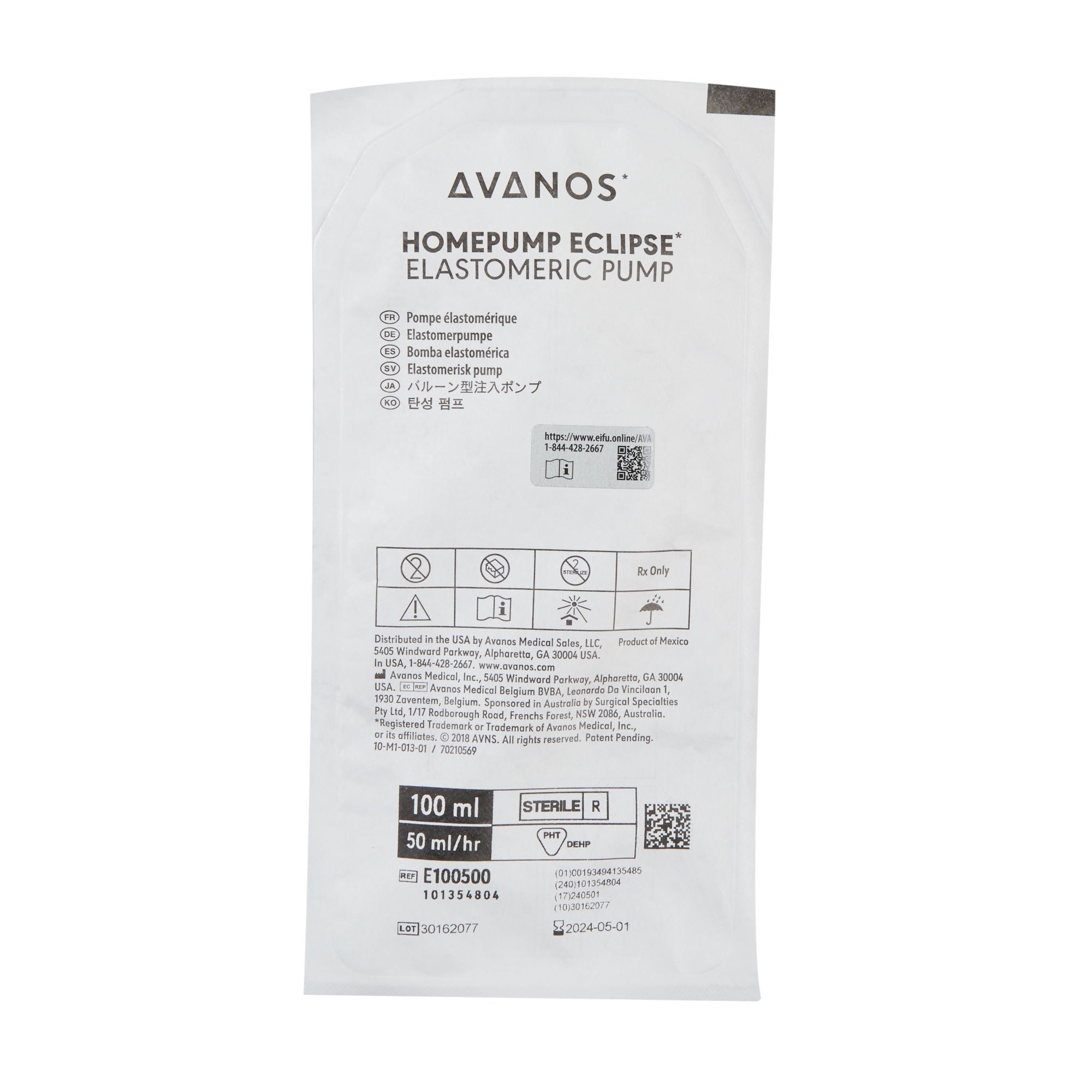 Avanos Medical Sales LLC - E100500 Elastomeric Pump Homepump Eclipse* 100 mL Volume 50 mL / Hr. Flow Rate