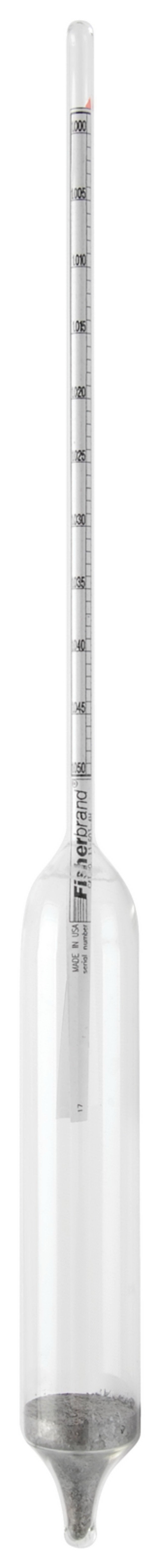 Fisher Anatomical - 116034H Fisherbrand™ ASTM™ Specific Gravity Hydrometer 330 mm, 275 mL, 89H ASTM Number, 0.0005 Increments, 1 to 1.05 Specific Gravity Range, 60°F Temperature of Standardization, ASTM E126 Certifications