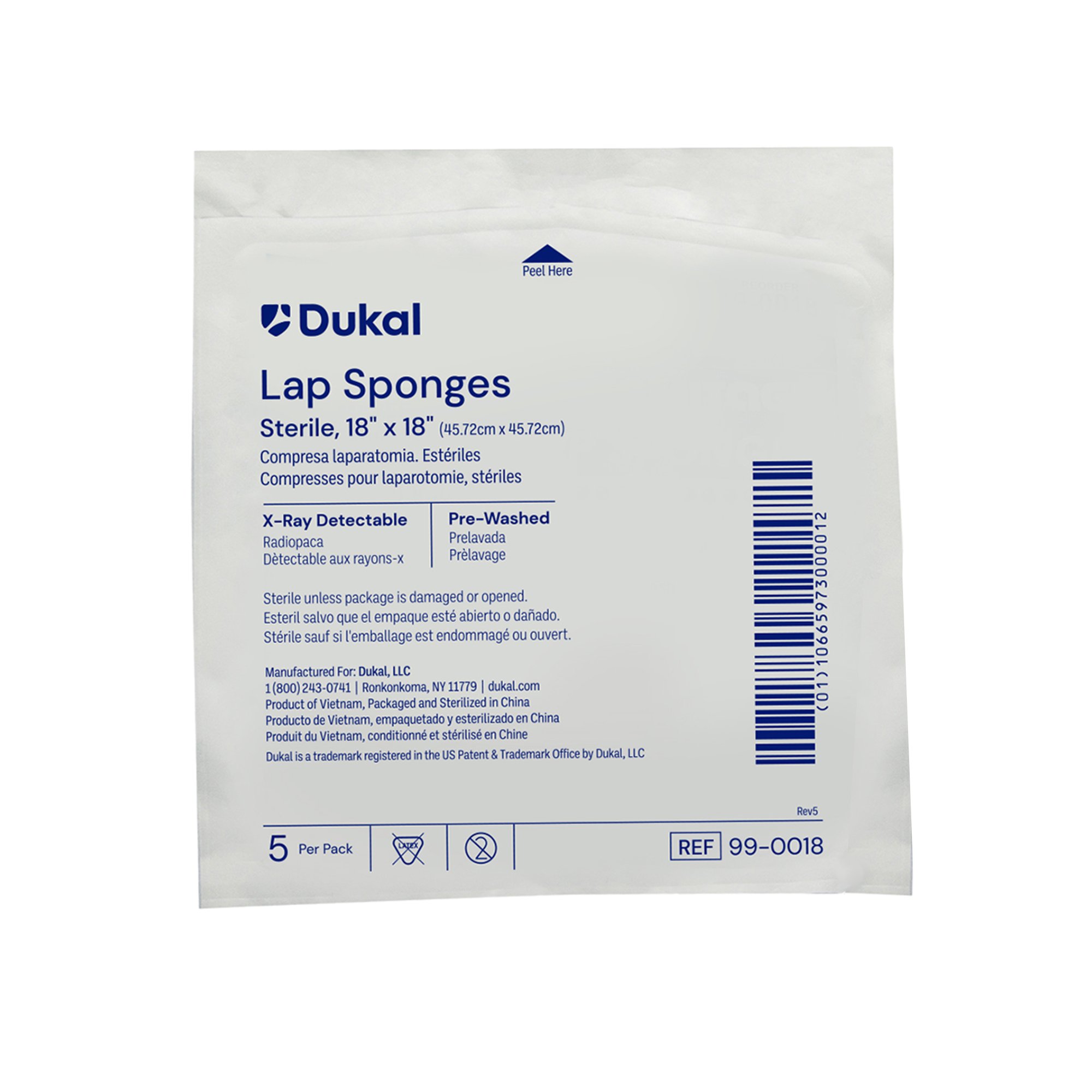 Dukal 99-0018 - Dukal X-Ray Detectable Surgical Laparotomy Sponge, 18 x 18 Inch - 5/Pack, 200/Case