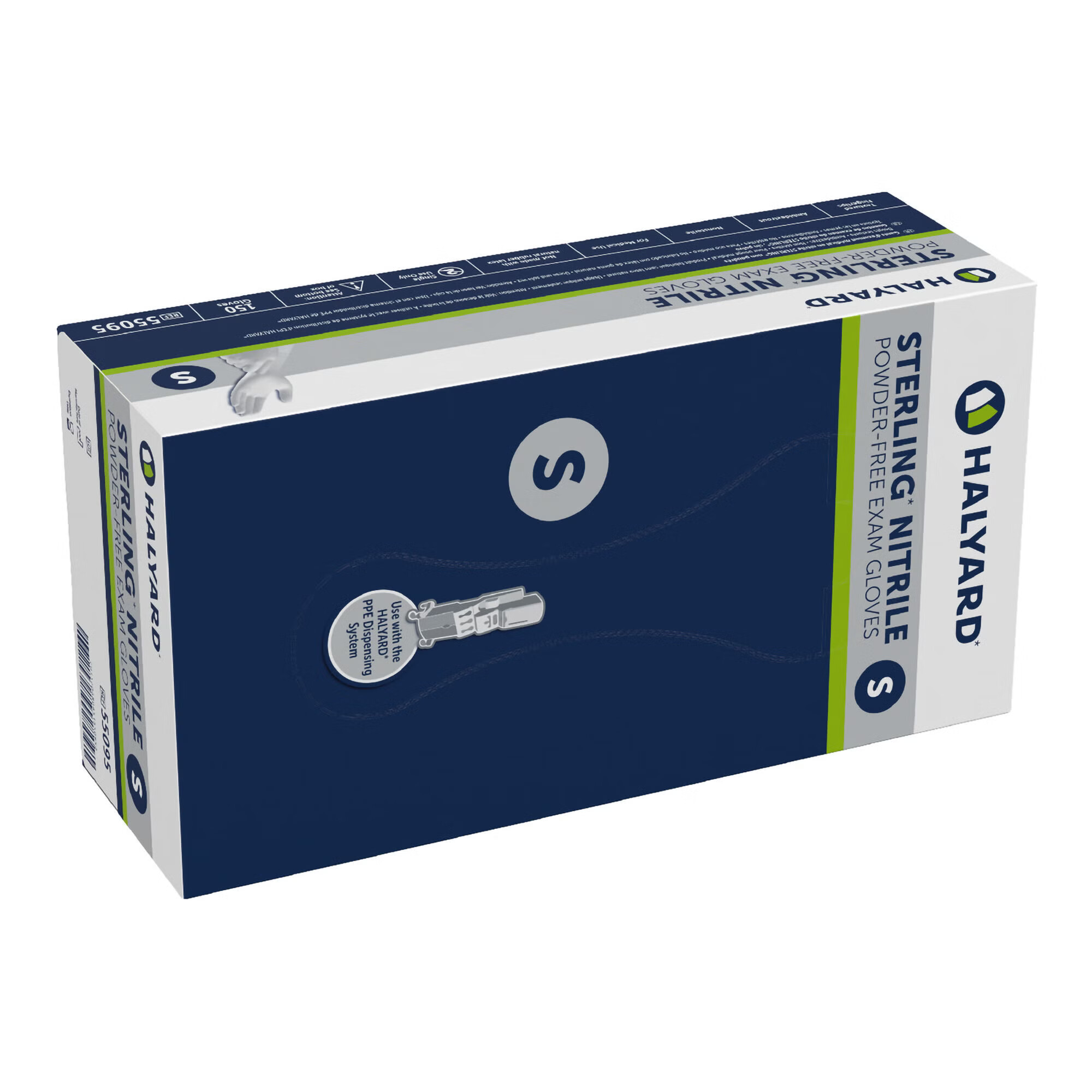 O&M Halyard Inc - 55095 Exam Glove STERLING® for PPE Dispensing System Small 150 per Box NonSterile Nitrile Standard Cuff Length Textured Fingertips Gray Chemo Tested