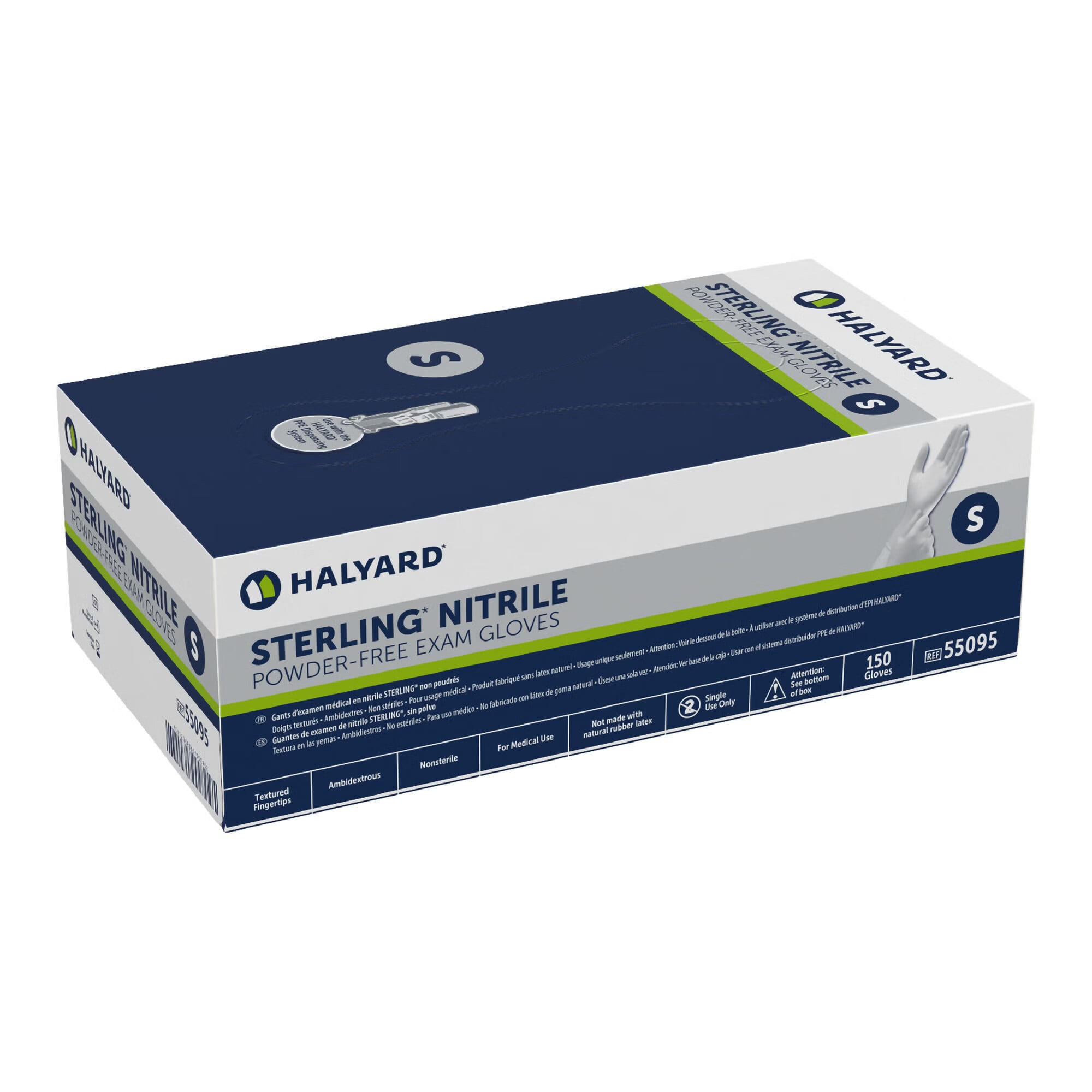 O&M Halyard Inc - 55095 Exam Glove STERLING® for PPE Dispensing System Small 150 per Box NonSterile Nitrile Standard Cuff Length Textured Fingertips Gray Chemo Tested