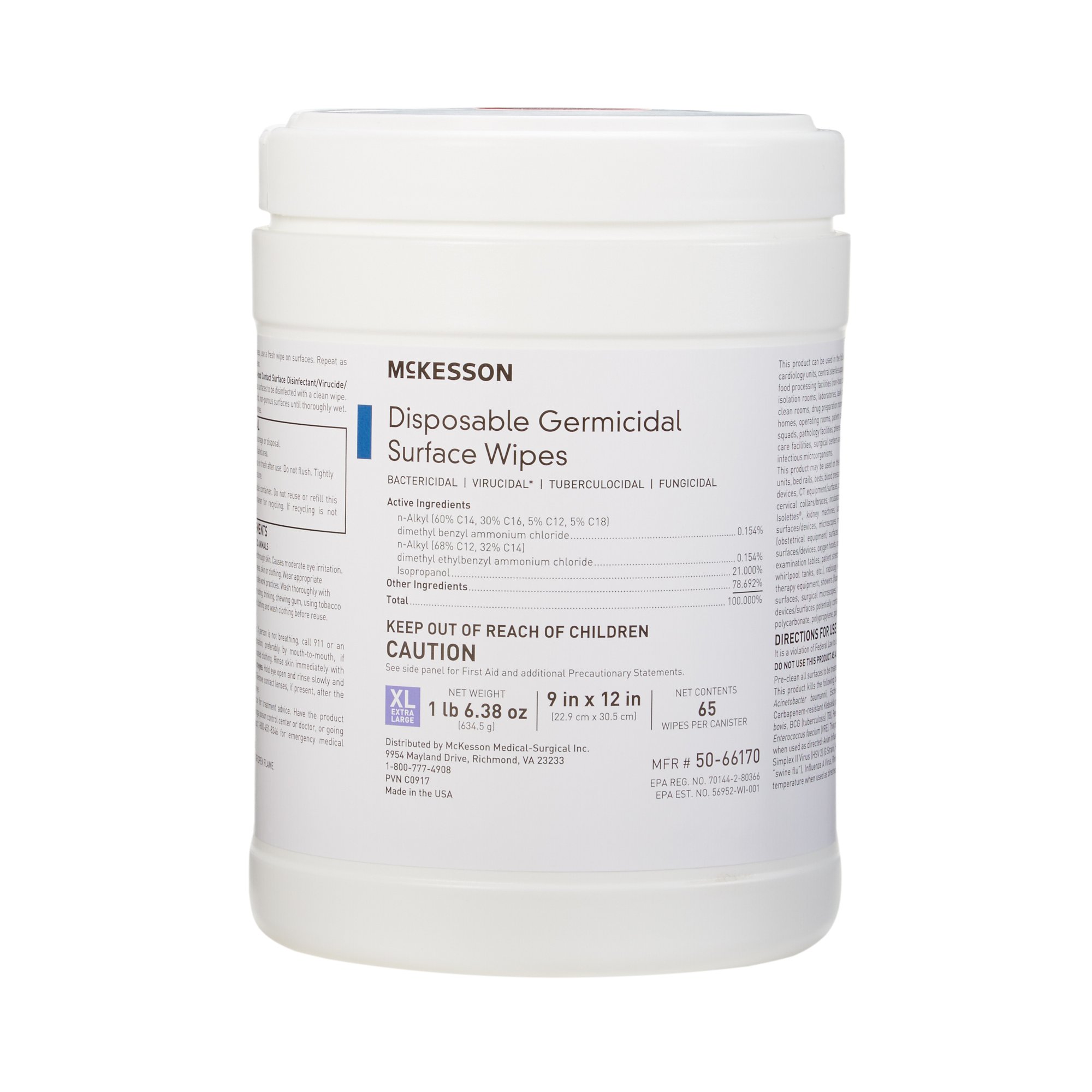 McKesson Brand 50-66170 - McKesson Germicidal Extra Large Surface Disinfectant Wipes, Canister - 1/Box, 12/Case
