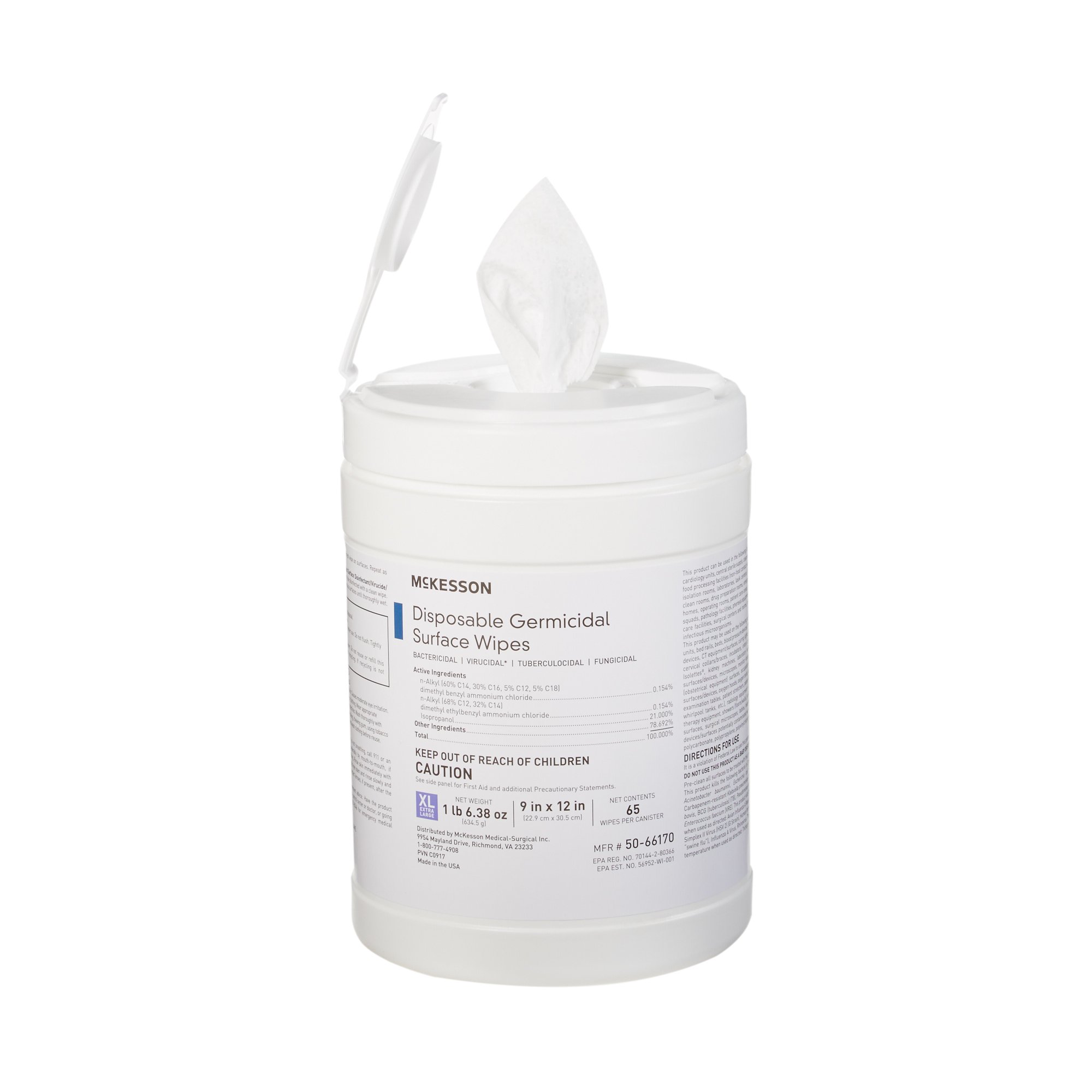 McKesson Brand 50-66170 - McKesson Germicidal Extra Large Surface Disinfectant Wipes, Canister - 1/Box, 12/Case