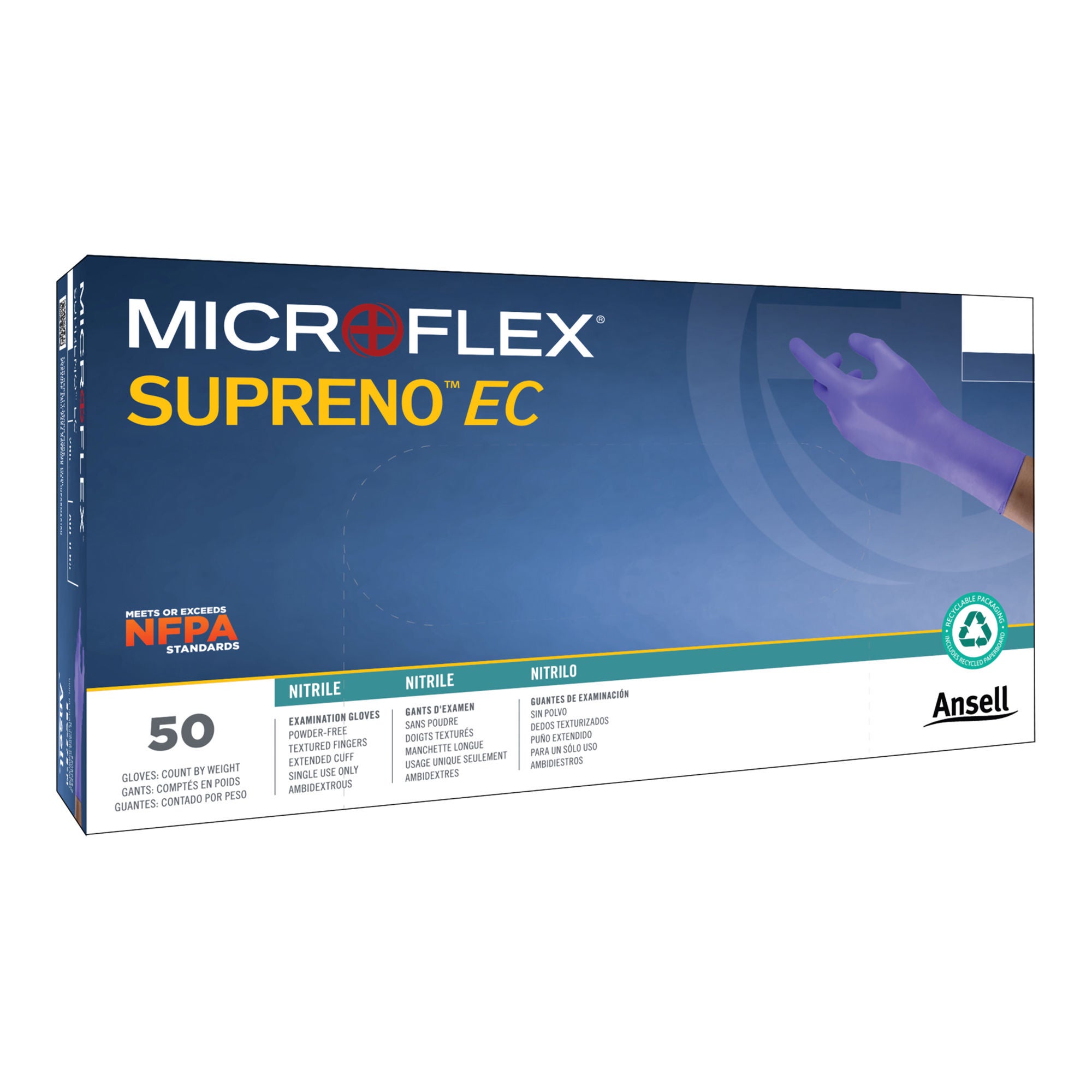 Microflex Medical - SEC-375-XS Exam Glove Supreno® EC X-Small 50 per Box NonSterile Nitrile Extended Cuff Length Textured Fingertips Blue Chemo Tested / Fentanyl Tested