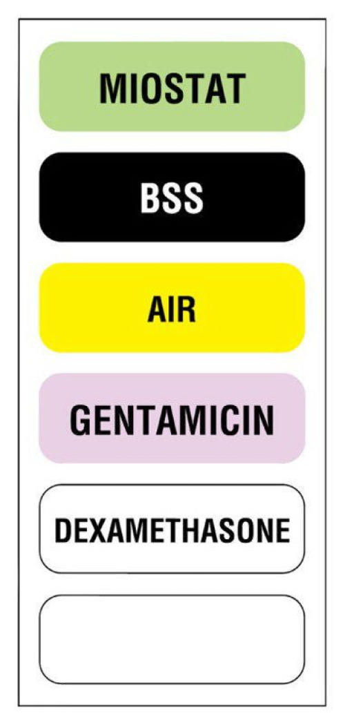 United Ad Label - ULAM894 Pre-Printed Label UAL™ Anesthesia Label Multicolored Paper Miostat Bss Air Gentamicin Dexamethasone Black / White Medication Instruction 1/2 X 1-1/2 Inch