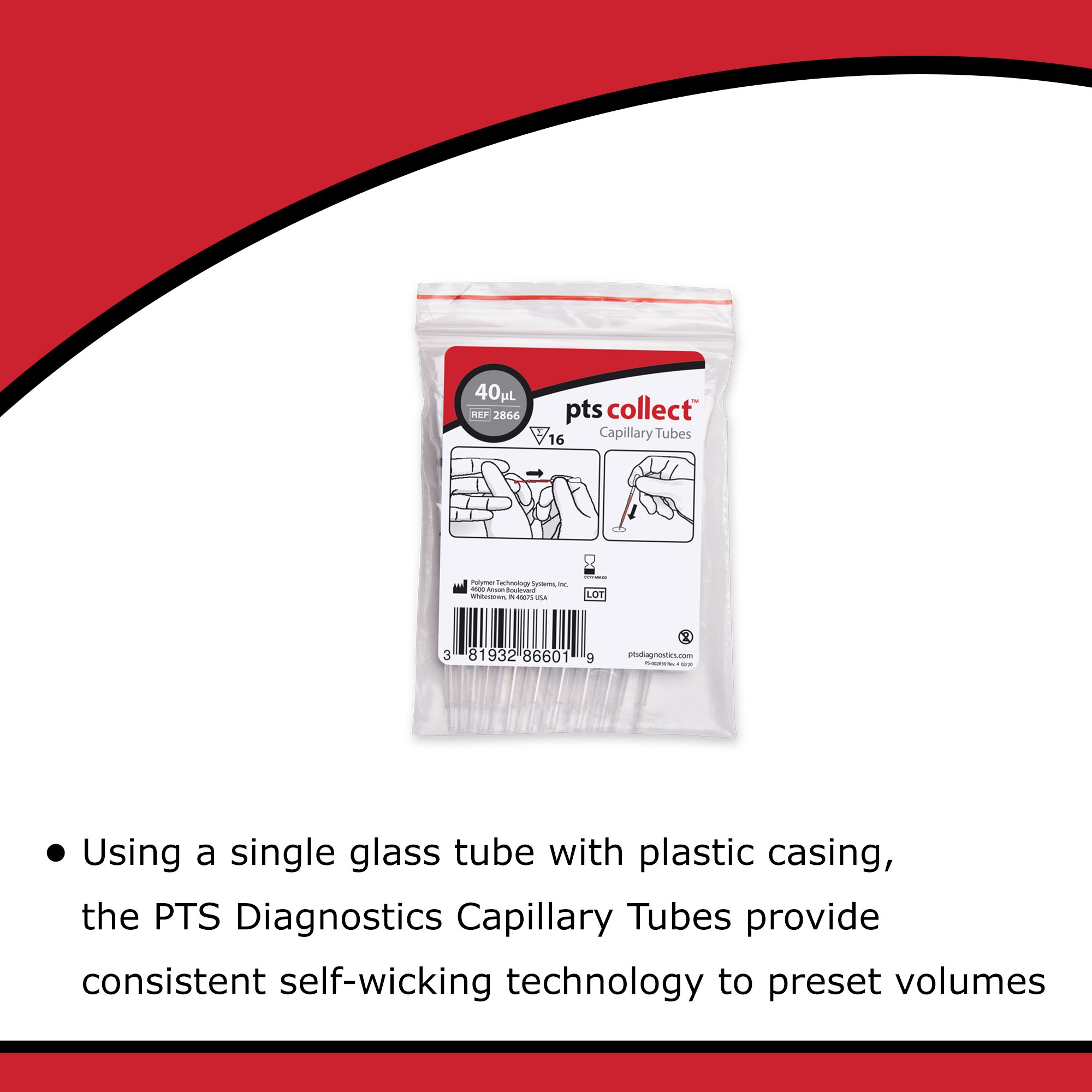 PTS Diagnostics 2866 - PTS Diagnostics Capillary Blood Collection Tube, 40 µL - 16/Bag