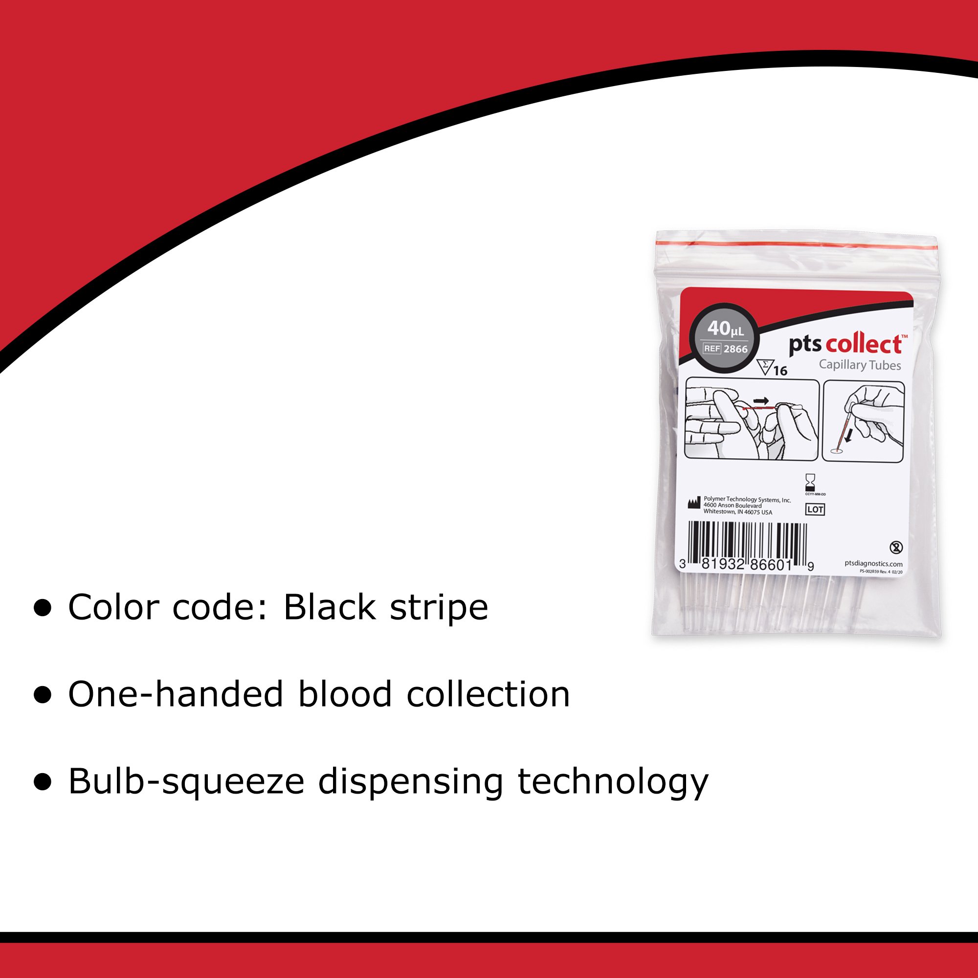 PTS Diagnostics 2866 - PTS Diagnostics Capillary Blood Collection Tube, 40 µL - 16/Bag