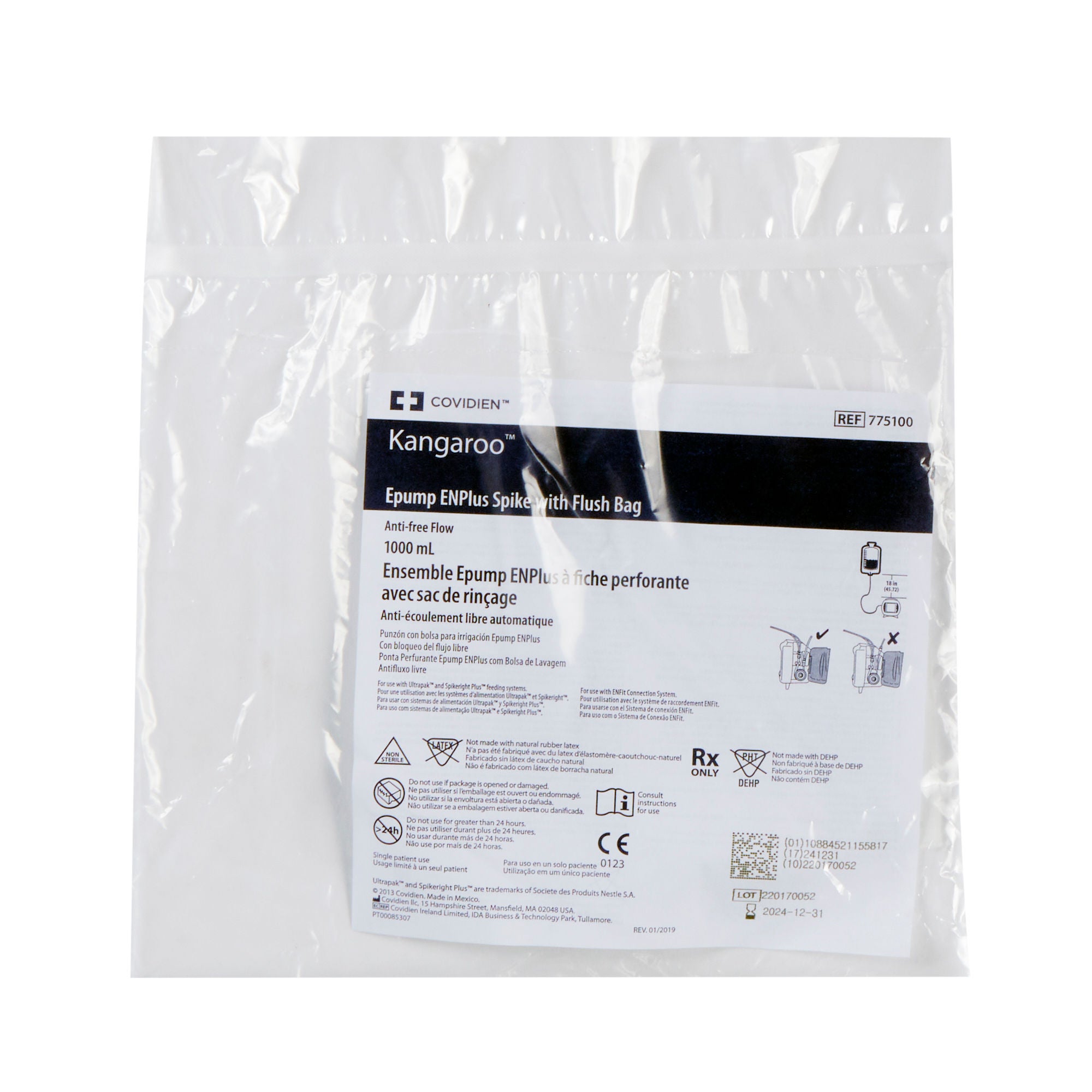 Cardinal - 775100 Enteral Feeding Pump Spike Set with Flush Bag Kangaroo™ ePump™ 1000 mL DEHP-Free PVC NonSterile