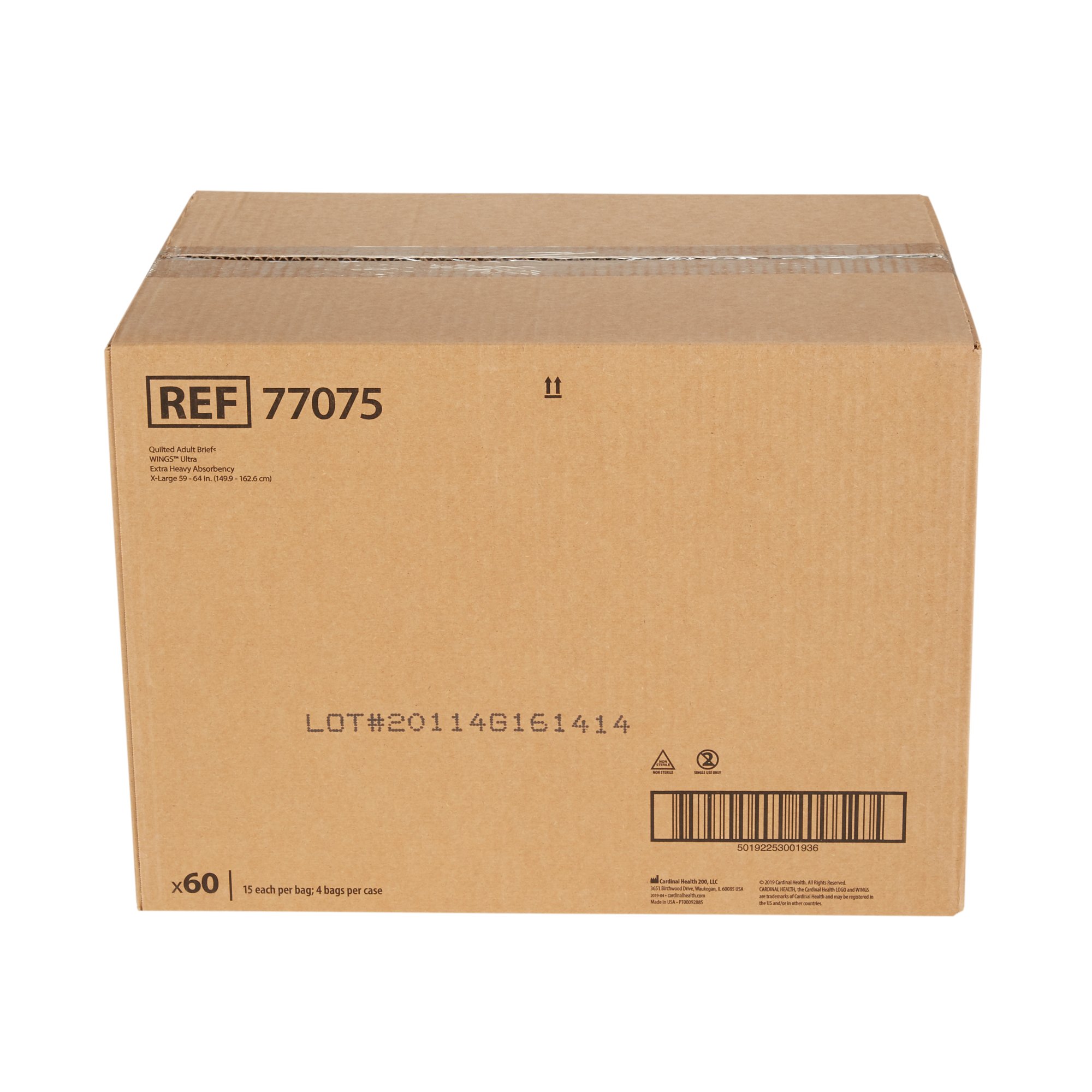 Cardinal 77075 - Wings™ Ultra Quilted Extra Heavy Absorbency Incontinence Brief, Extra Large - 15/Bag, 60/Case