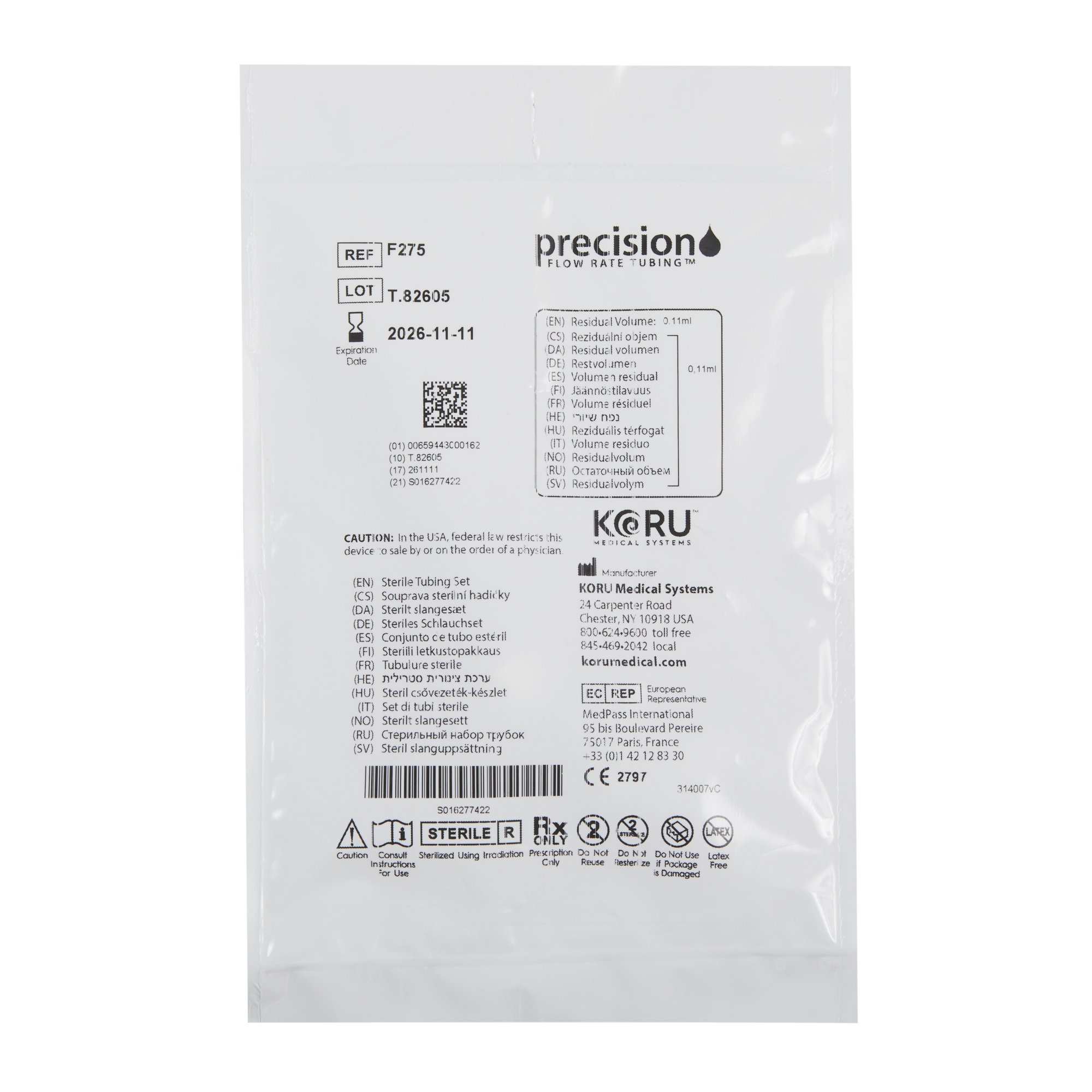 Precision Flow Rate Tubing F275 by KORU Medical Systems