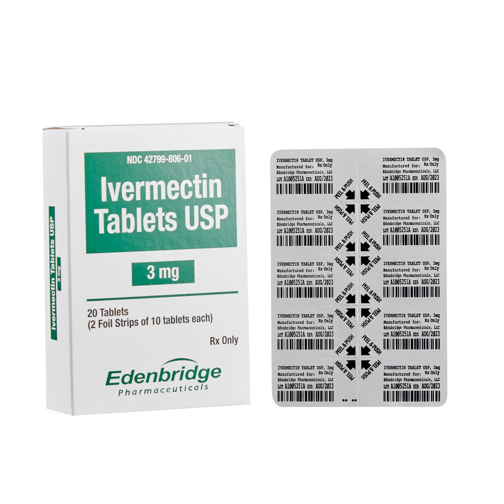 Edenbridge Pharmaceutical - 42799080601 Ivermectin 3 mg Tablet 20 Tablets