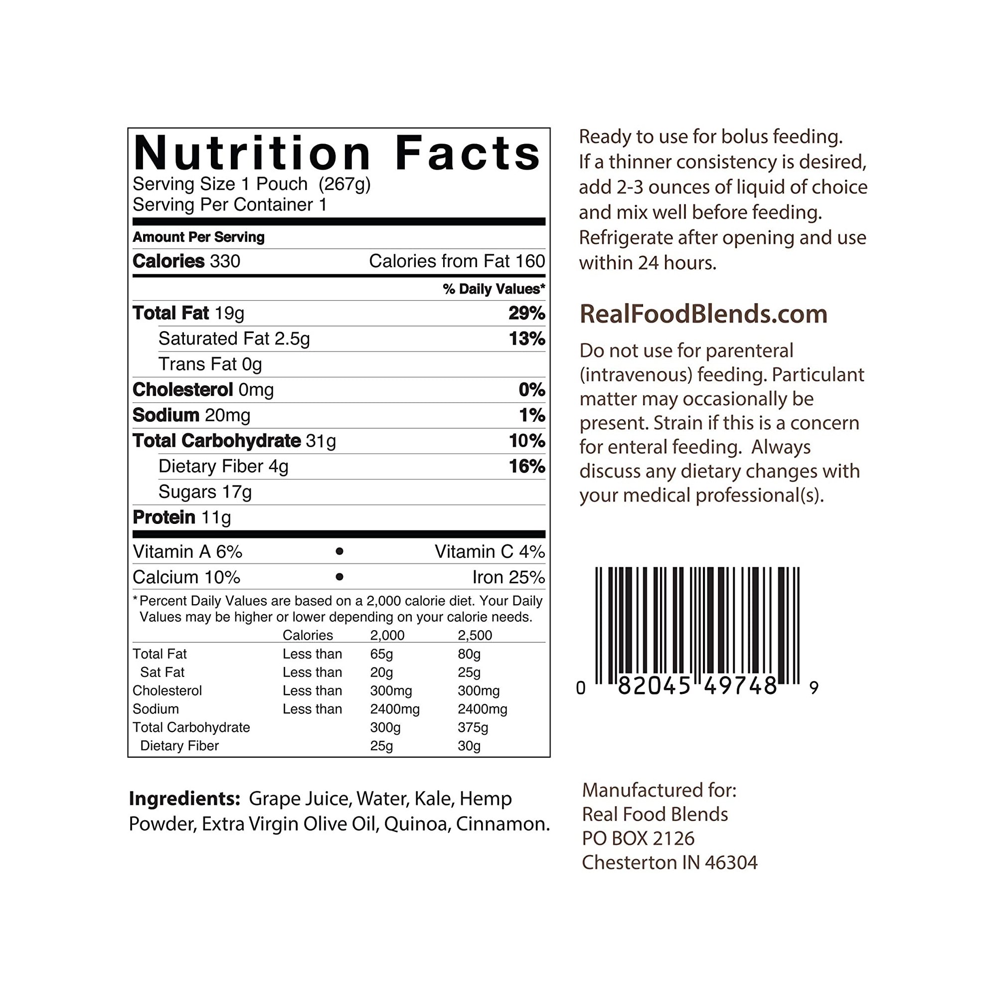  Kale & Hemp Pureed Food Blend for Tube Feed